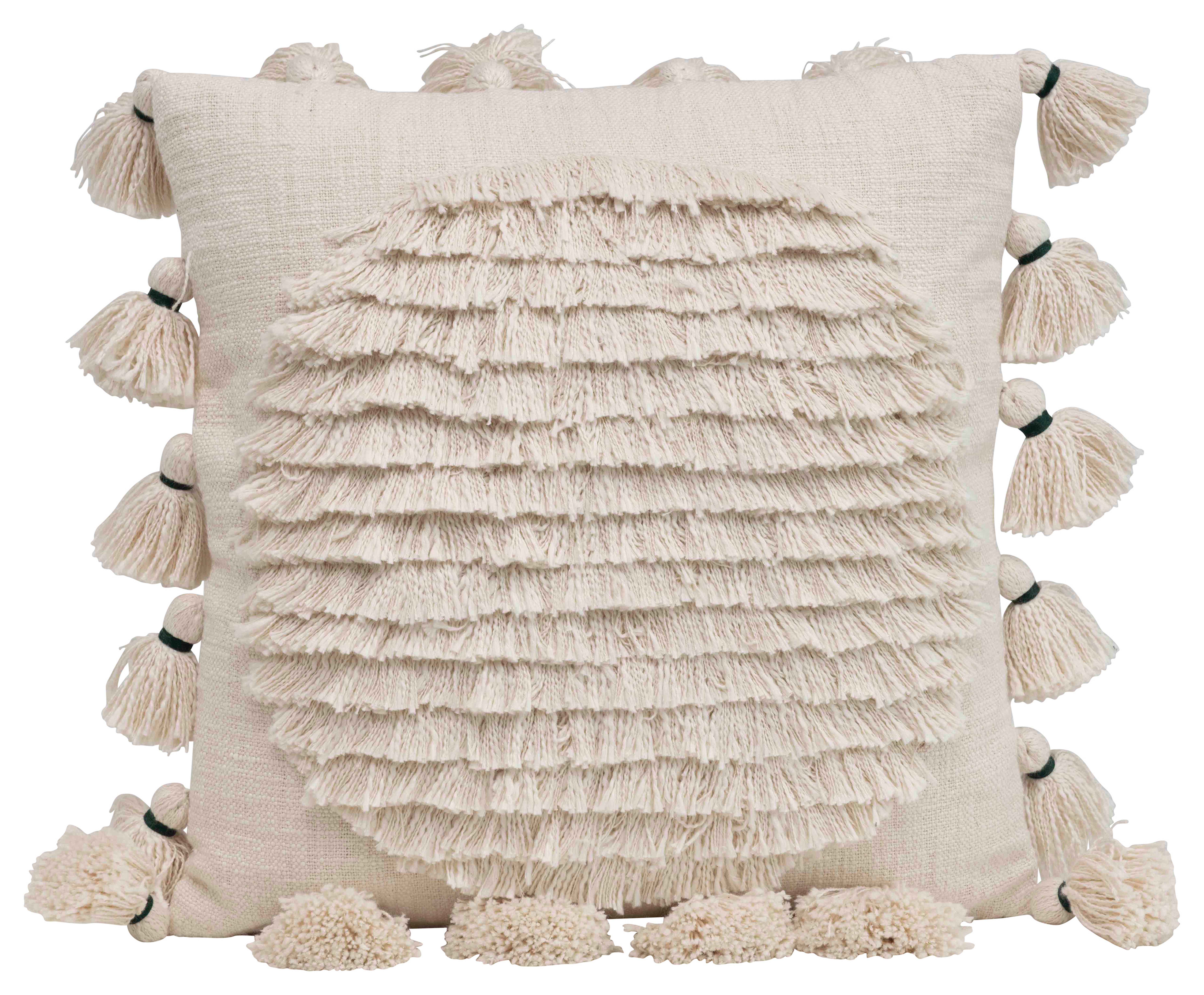 Square Cotton Embroidered Pillow with Fringed Circle Design and Tassel Trim - Nomad Home