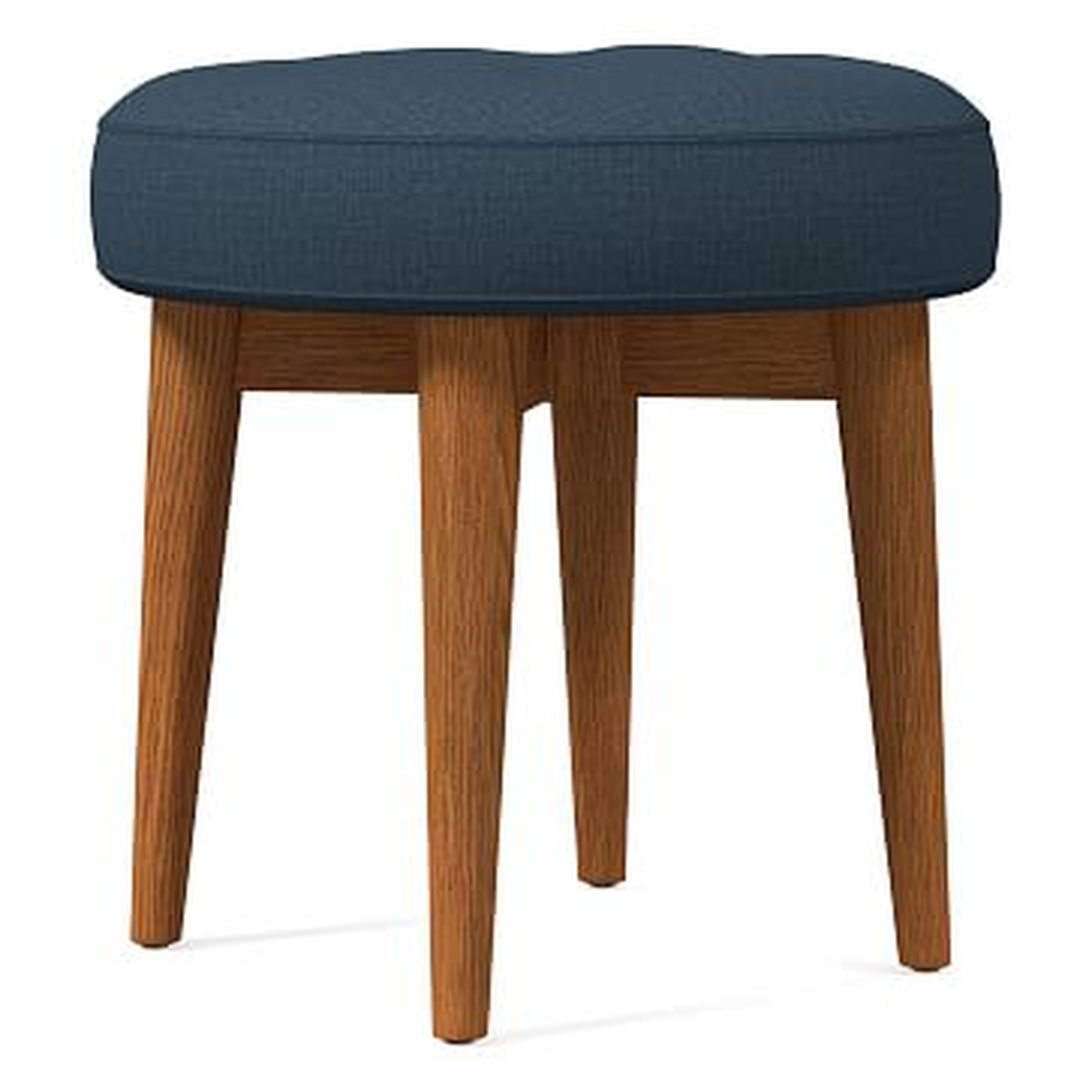 Mid-Century Upholstered Stool, Poly, Yarn Dyed Linen Weave, Regal Blue, Pecan - West Elm