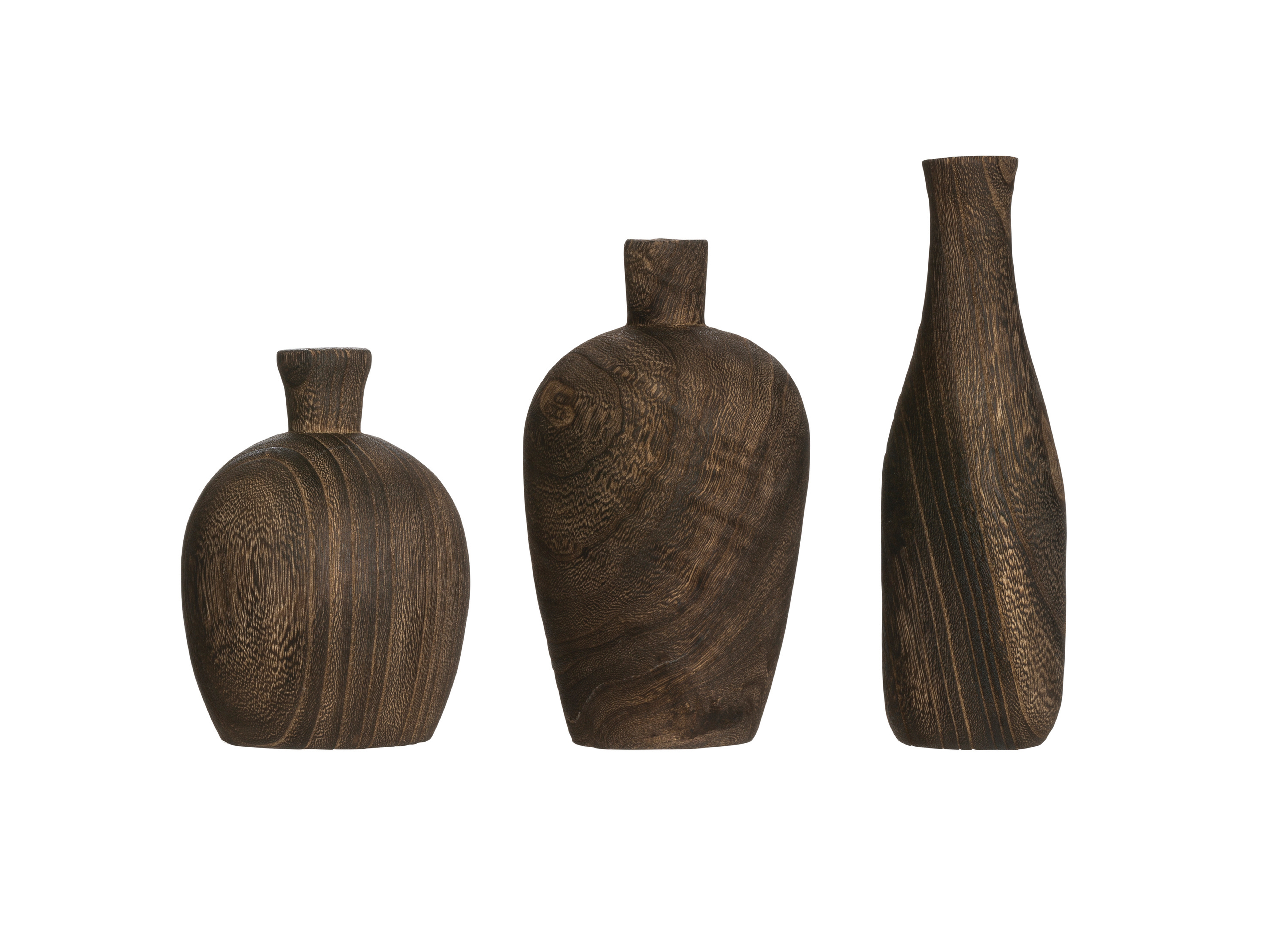Brown Paulownia Wood Vase with Black Charred Finish (Set of 3 Sizes/Each one will vary) - Creative Co-Op