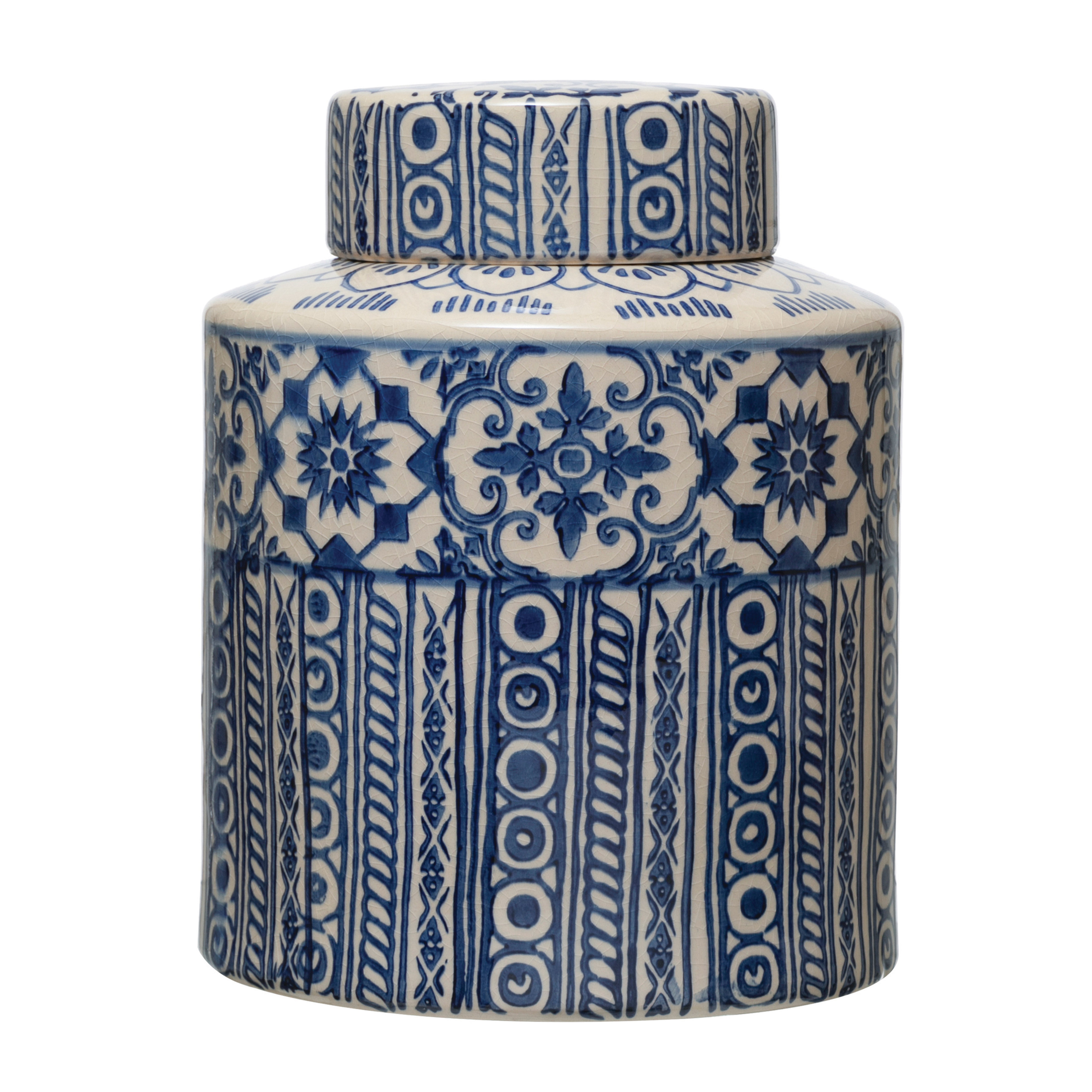 Decorative Stoneware Ginger Jar with Pattern, Blue & Cream Color - Creative Co-Op