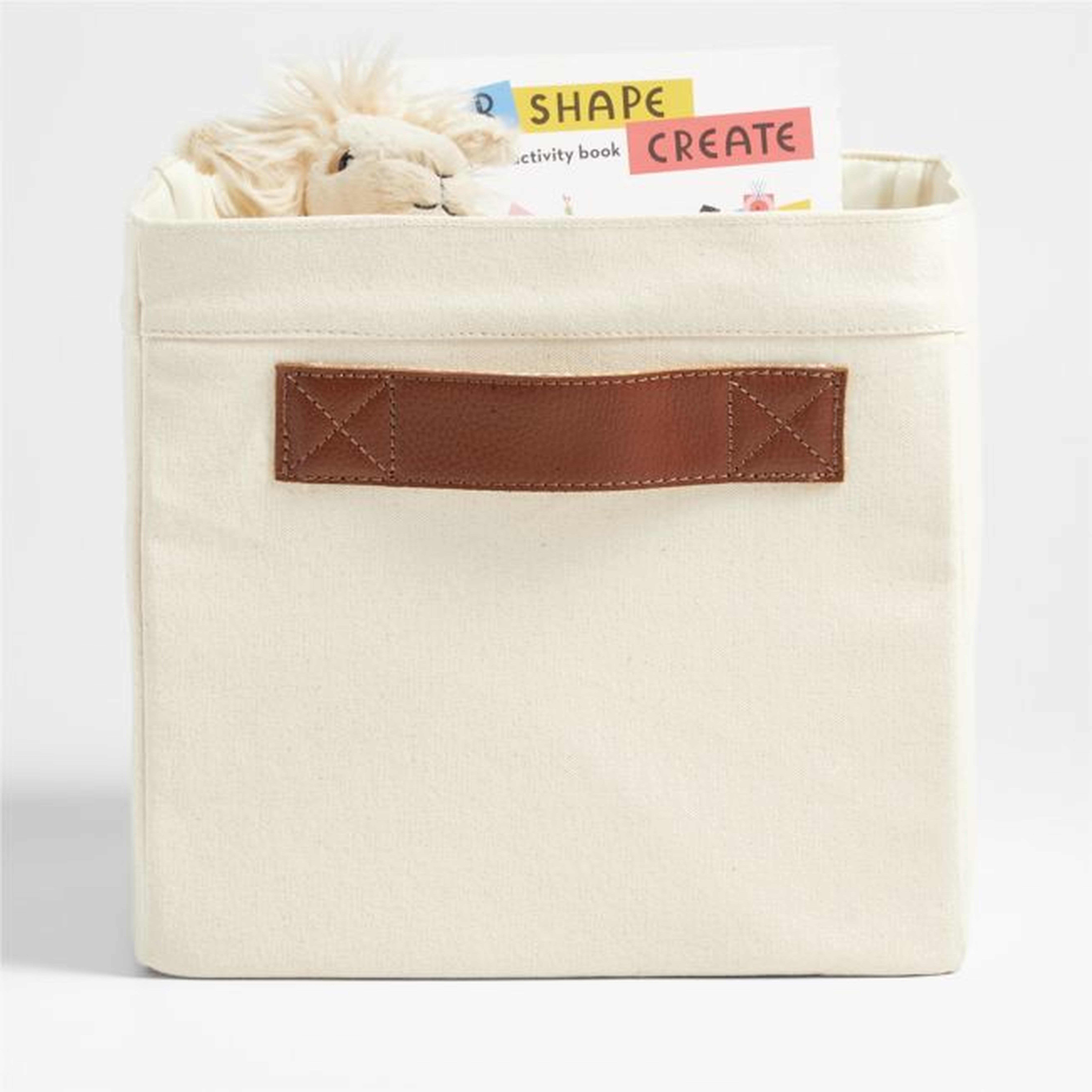 Canvas Shelf Storage Bin with Brown Leather Handles - Crate & Kids