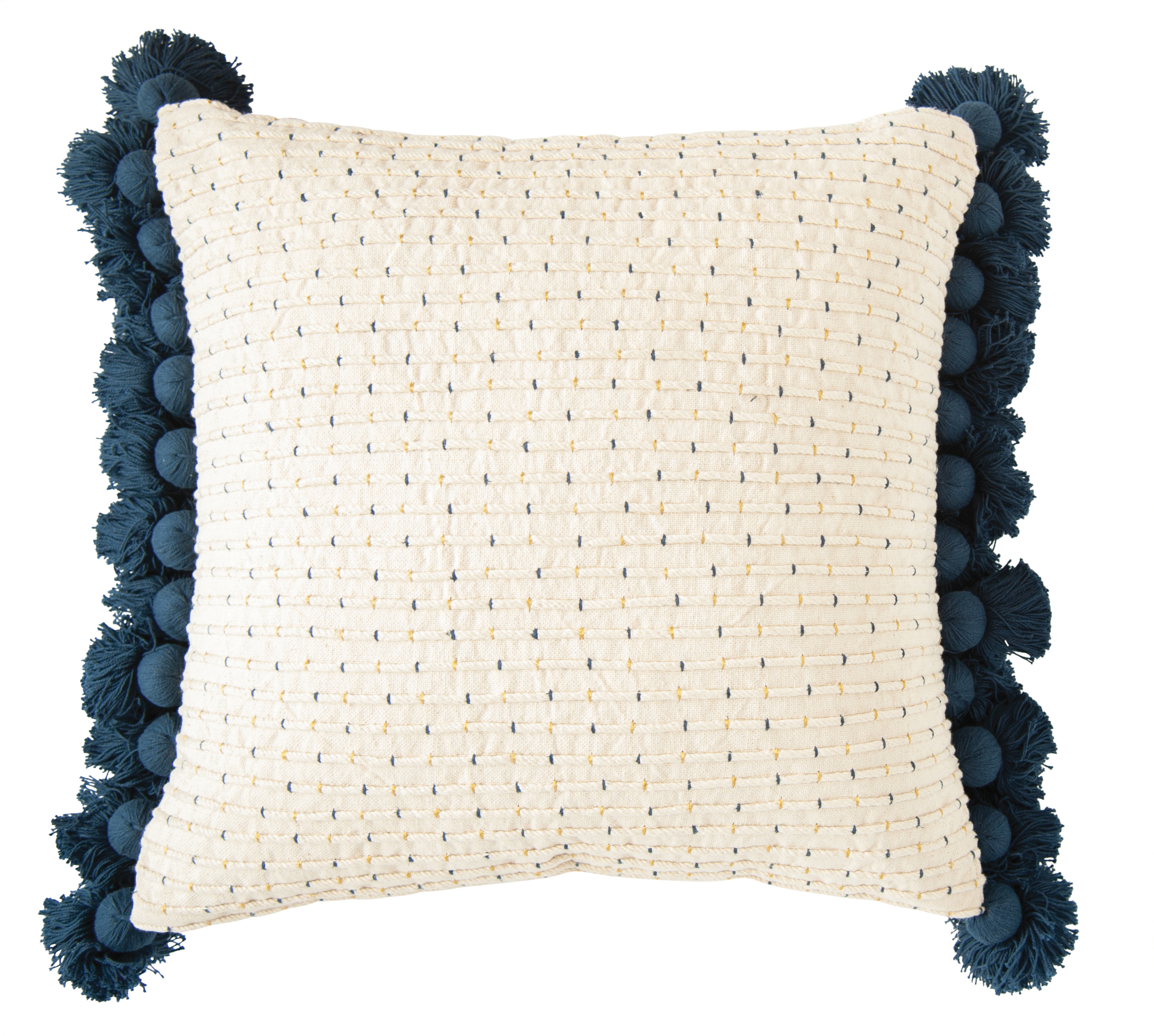 Embroidered Navy & Gold Cotton Woven Pillow with Tassels - Nomad Home