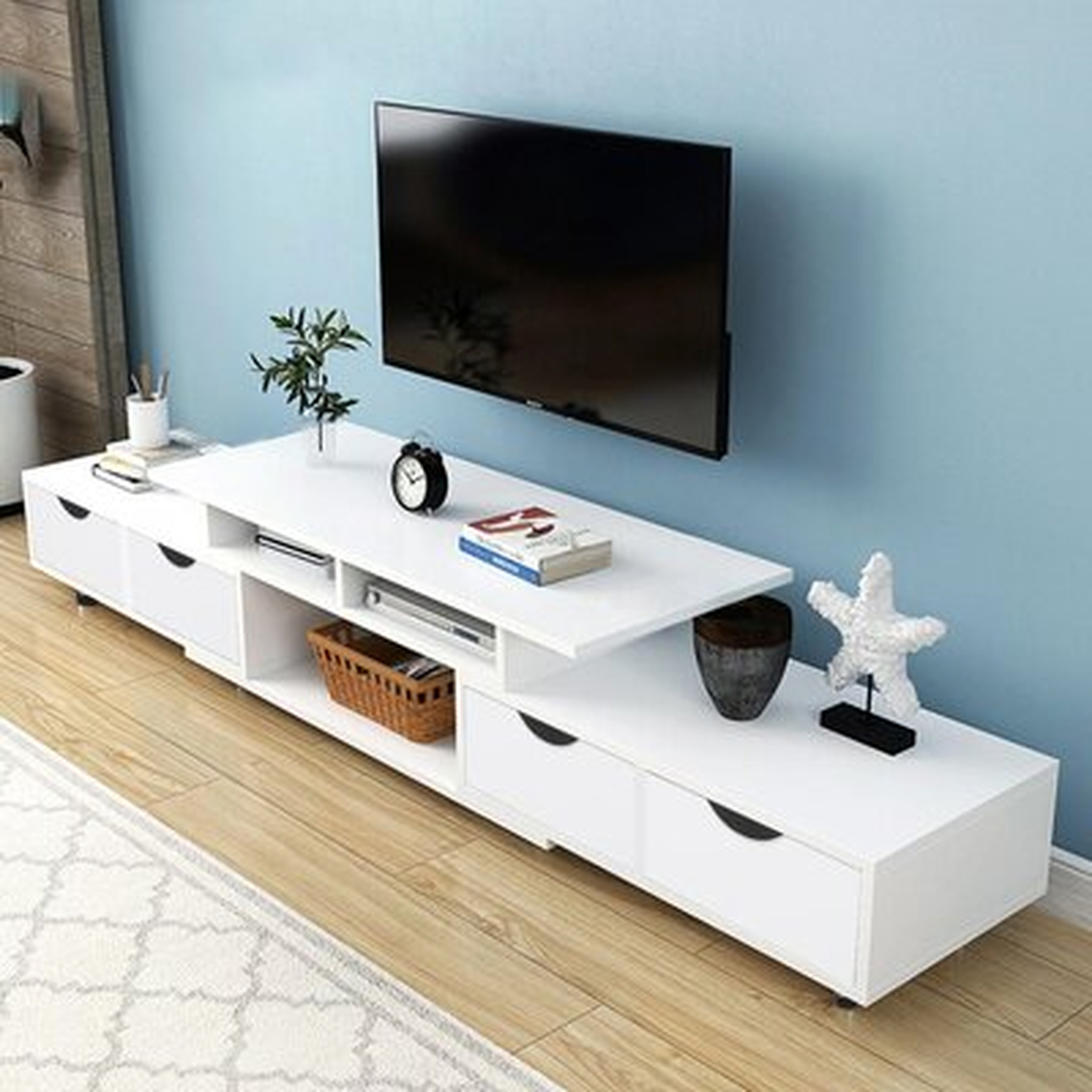 Latitude Run® Modern White Tv Stand With Storage Shelves Retractable Tv Cabinet, Minimalist Wood Television Stand Media Storage Console Cabinet (A) - Wayfair