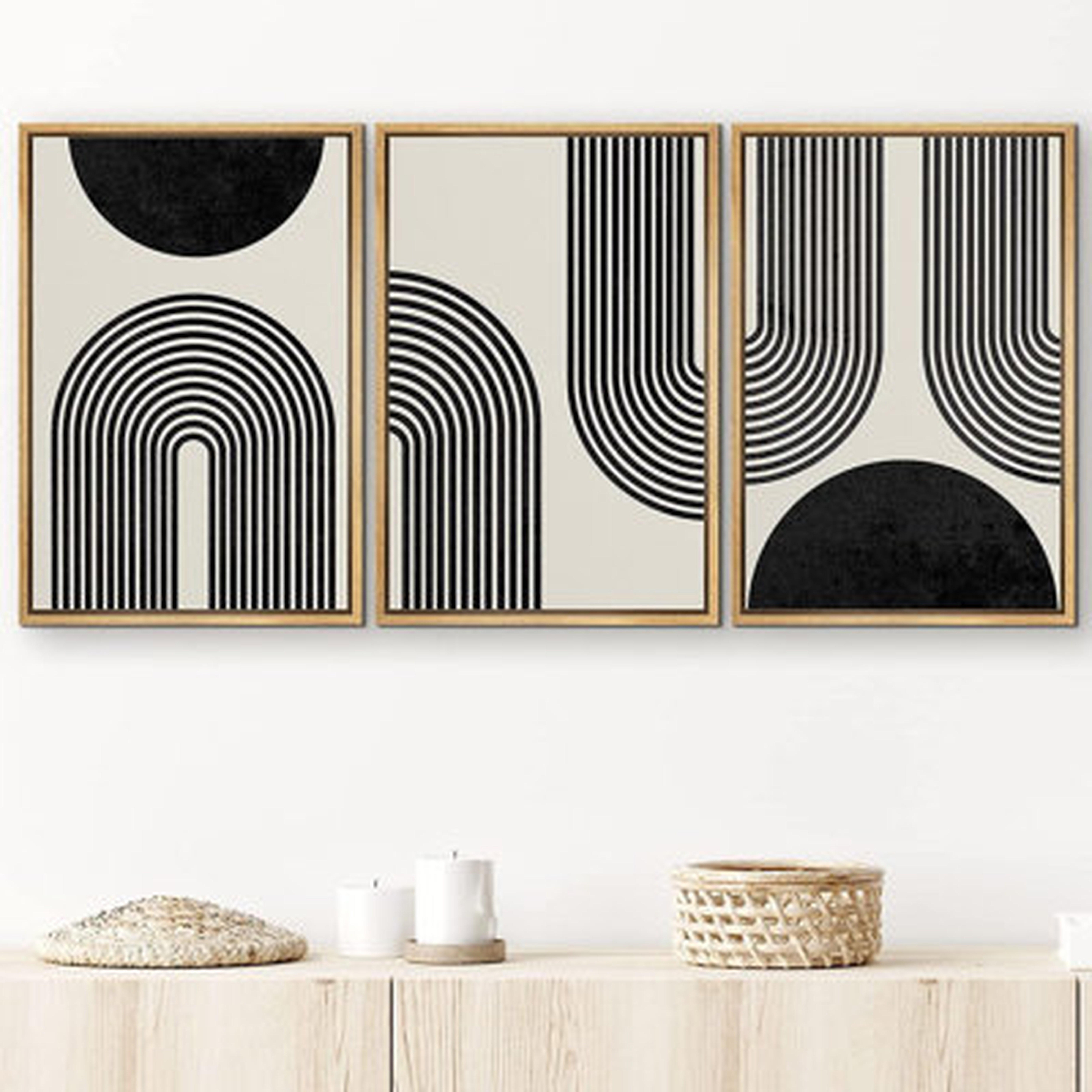 Corrigan Studio® Framed Canvas Print Wall Art Spiral Parabolas & Solid Semi Circle Geometric Shapes Drawings Modern Art Contemporary Edgy Black And White For Living Room, Bedroom, Office - 16"X24"X3 BLACK - Wayfair