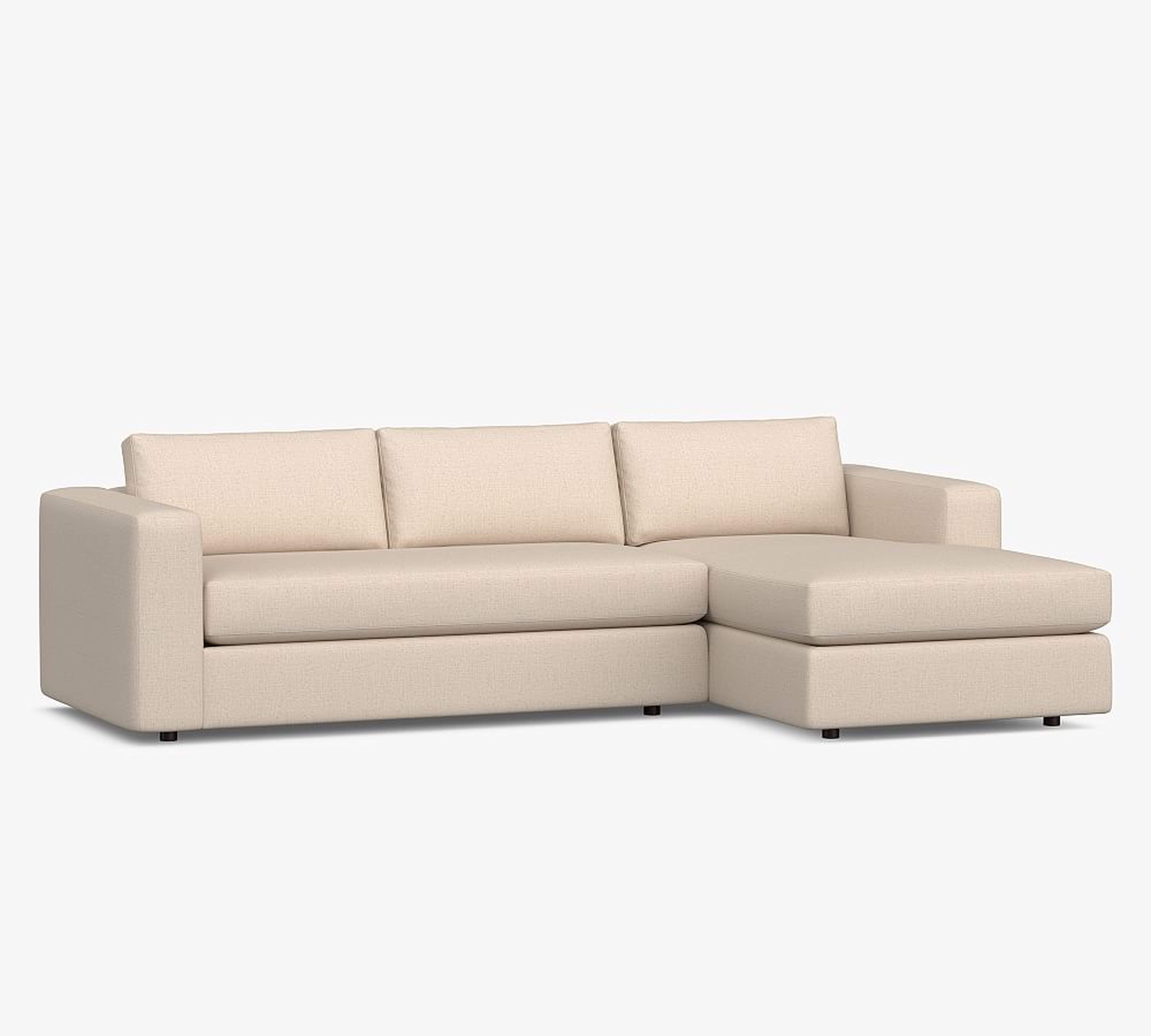 Carmel Square Arm Upholstered Left Loveseat with Chaise Sectional with Bench Cushion, Down Blend Wrapped Cushions, Performance Heathered Basketweave Alabaster White - Pottery Barn