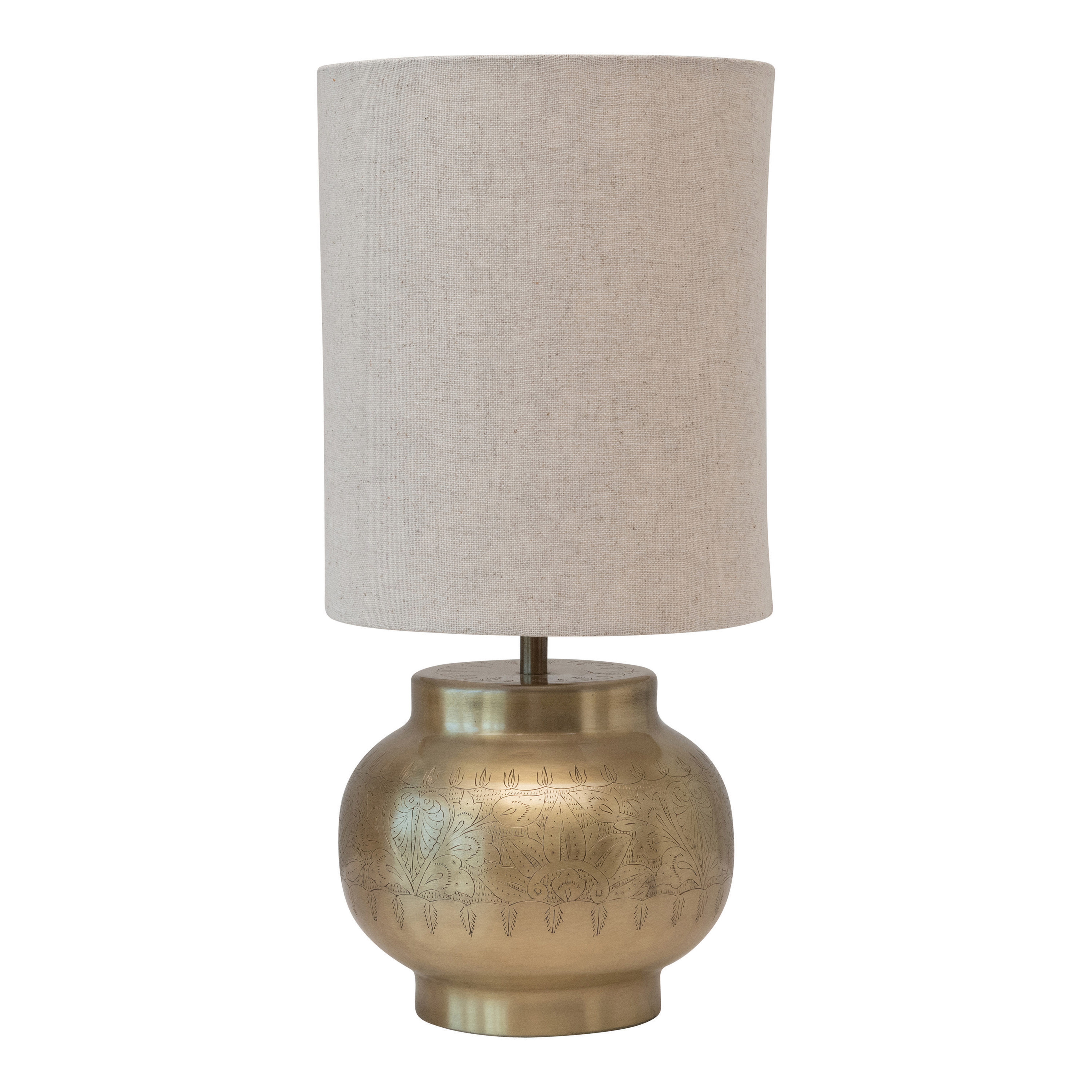 Nomad Home DF4489 Traditional Metal Table Lamp with Engraved Pattern, Ivory Linen Shade with Inline Switch, Antique Brass Finish - Creative Co-Op