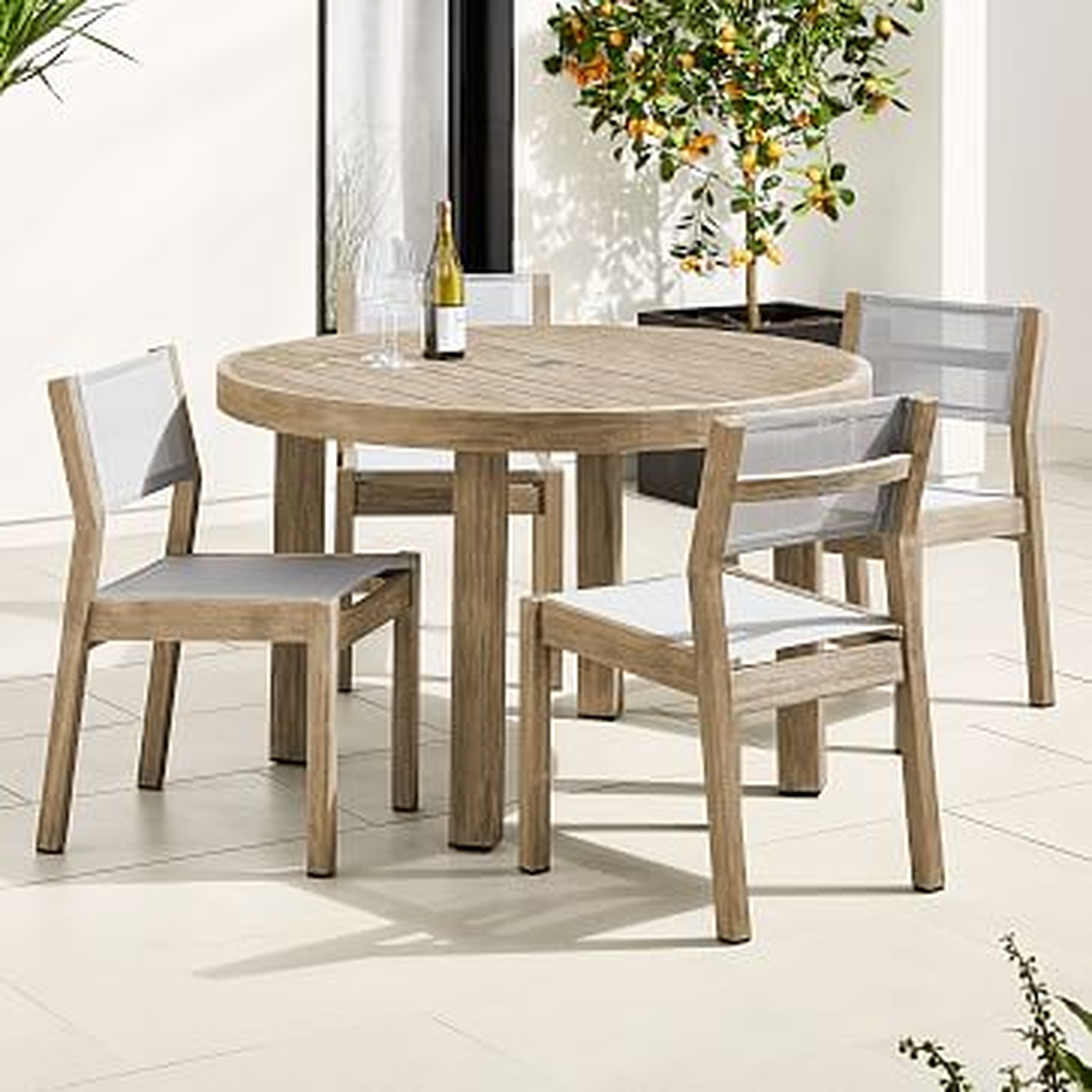 Portside Outdoor 48" Round Dining Table &amp; 4 Textilene Chairs Set, Driftwood - West Elm