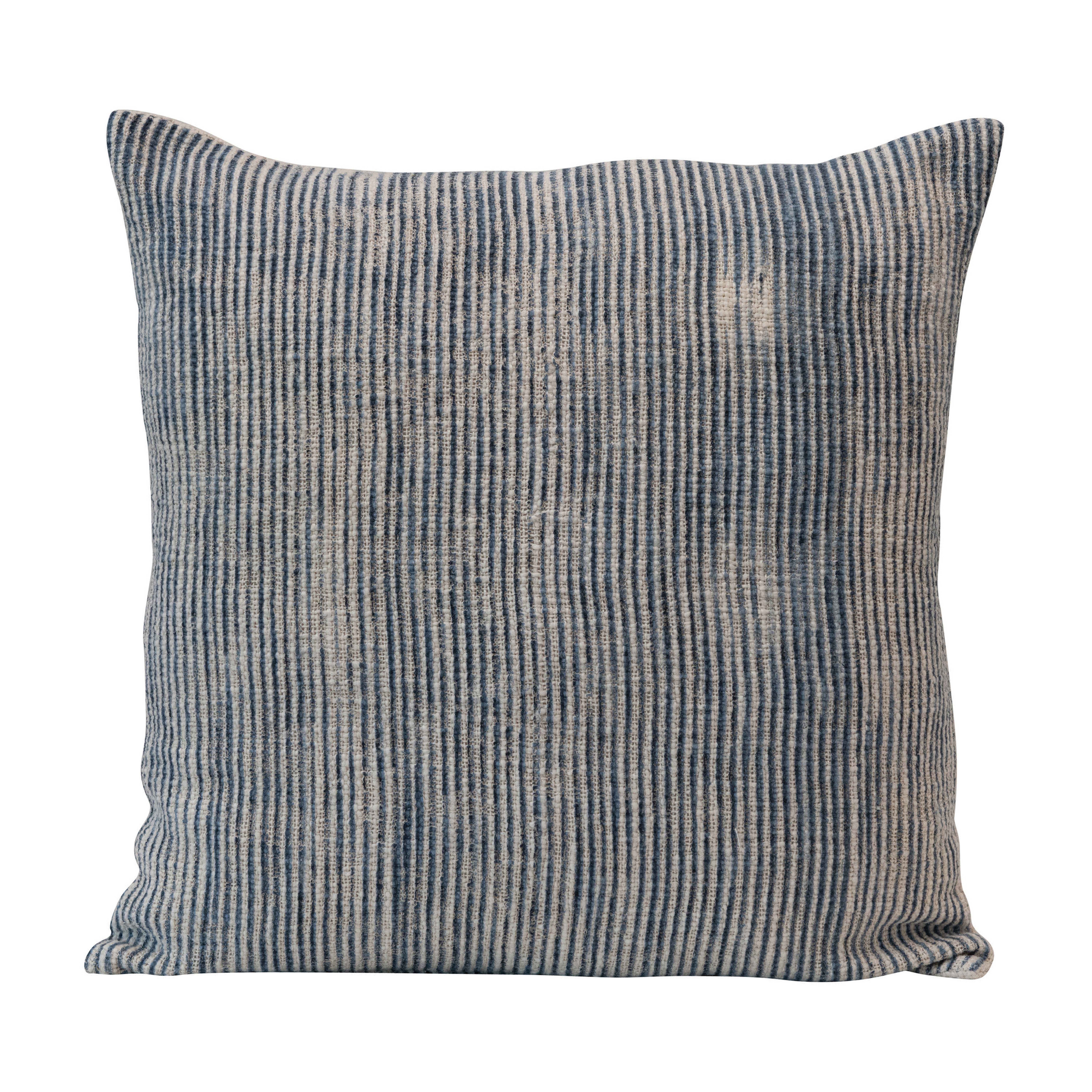 Stonewashed Woven Cotton Blend Slub Pillow with Stripes, Blue & Cream Color - Nomad Home