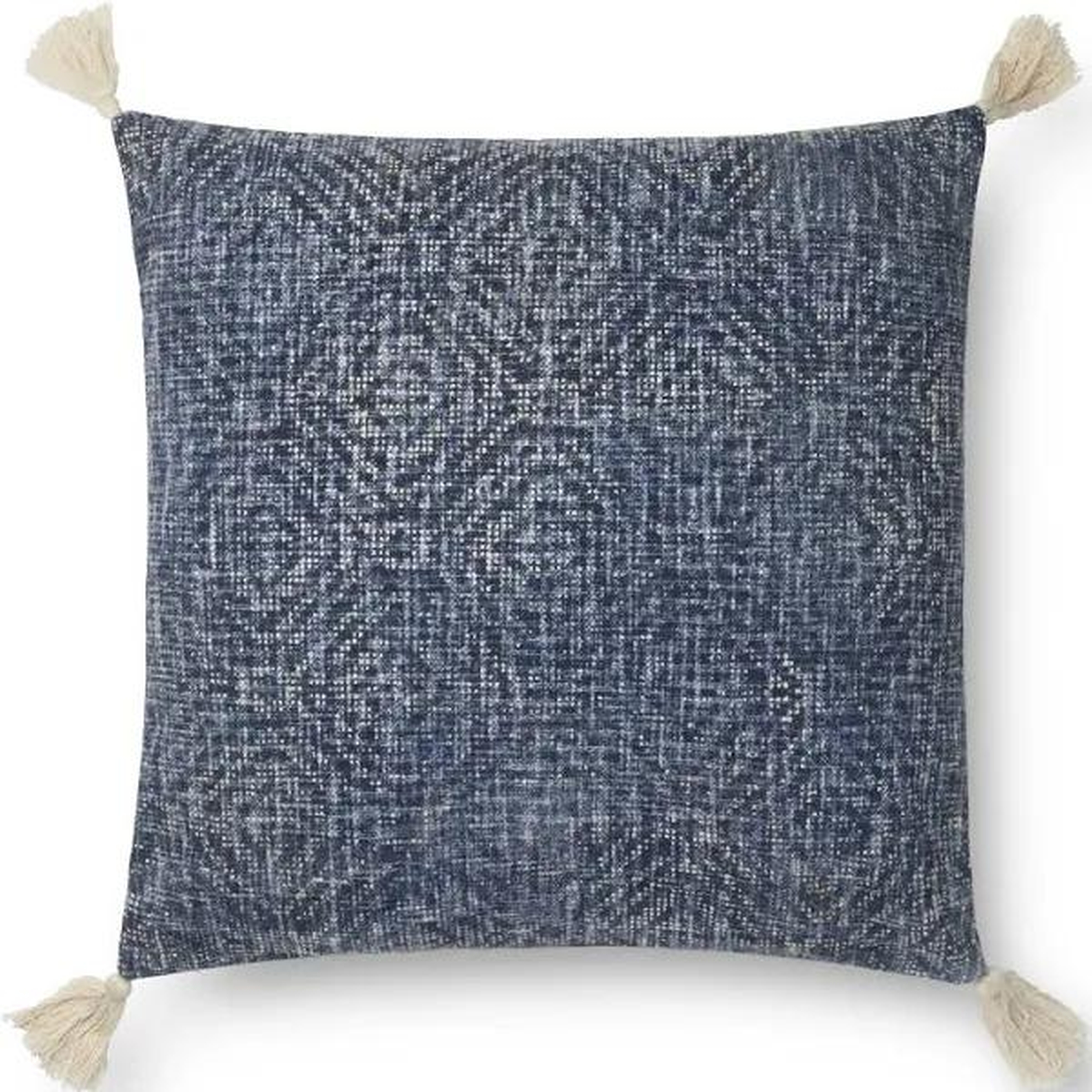 Distressed Pattern Throw Pillow Cover with Tassels, 22" x 22", Blue - Loloi Rugs
