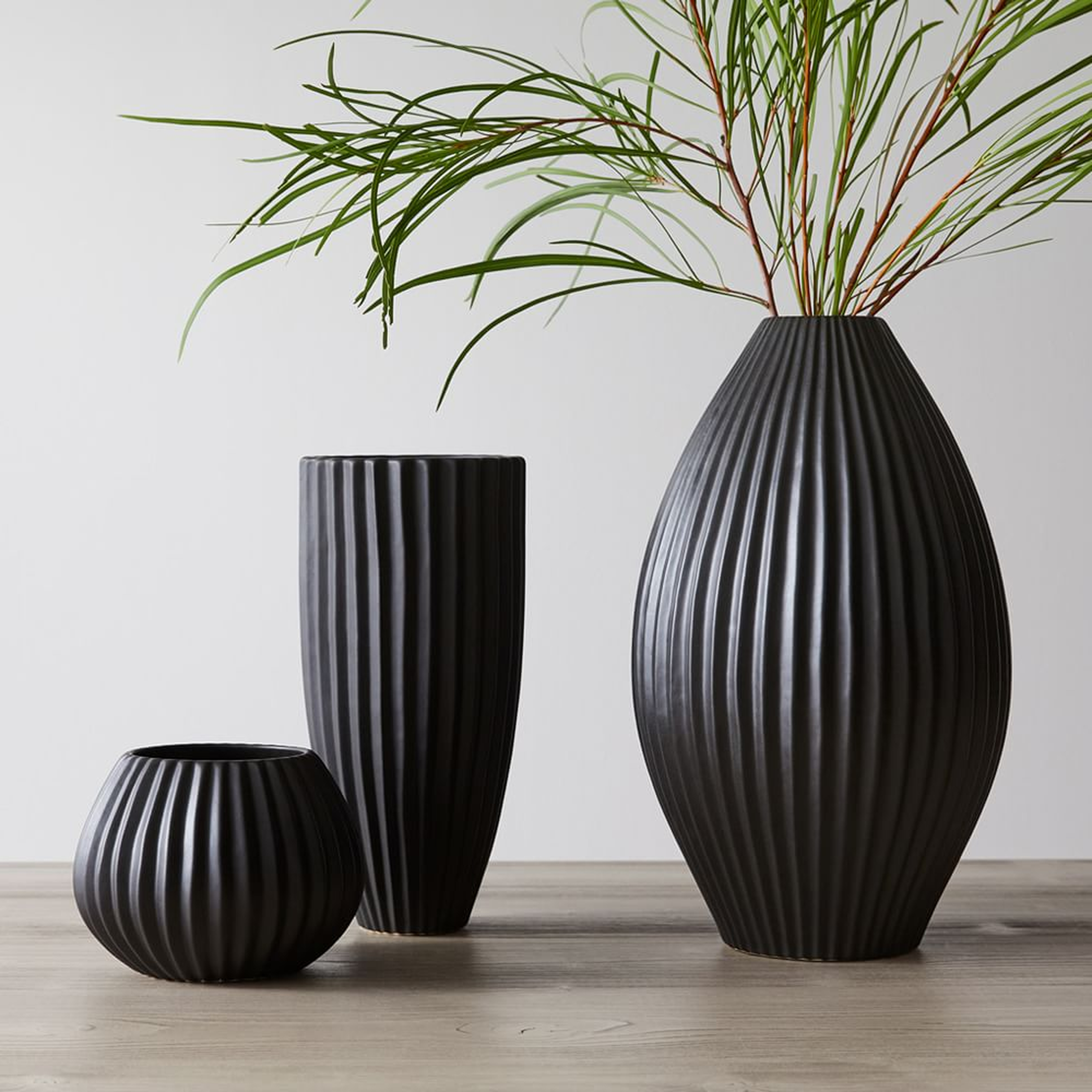 Sanibel Textured Black, Small Vase, Wide Tall Vase, Wide Vase, Set of 3 - West Elm