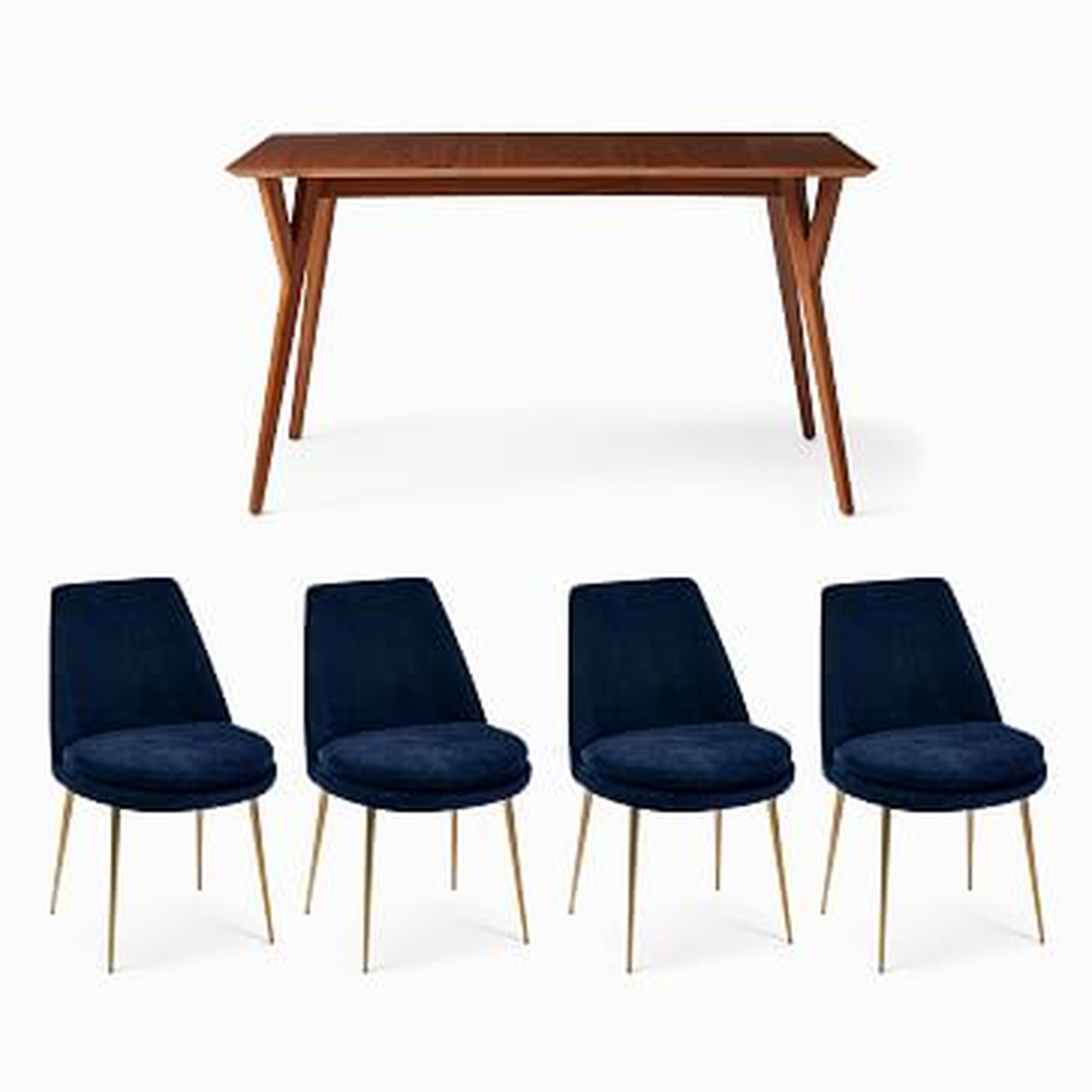 Mid-Century 39"-55" Expandable Dining Table & 4 Finley Low-Back Upholstered Dining Chairs Set, Distressed Velvet, Ink Blue - West Elm