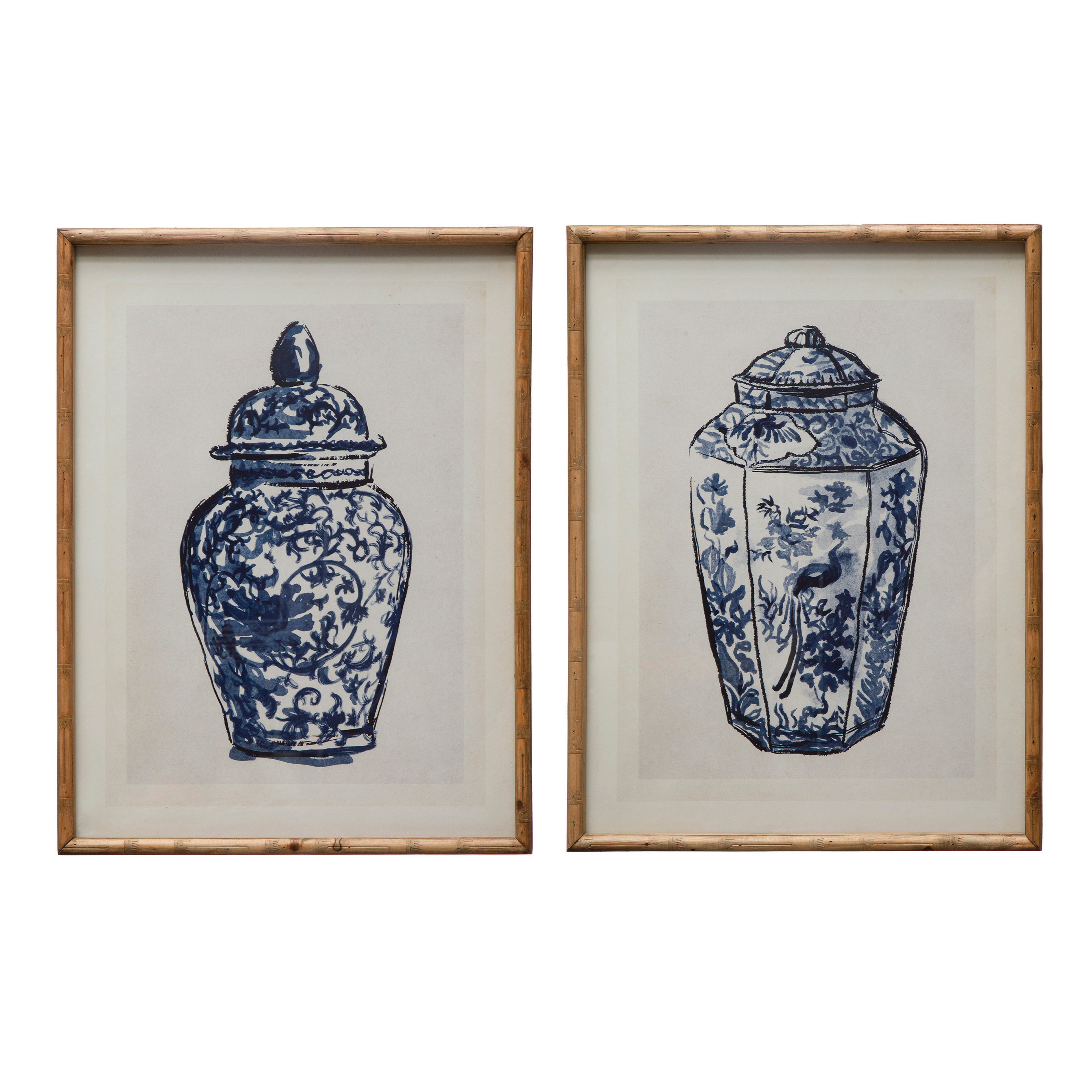 Wood Framed Ginger Jar Wall Art with Glass Cover, Multicolor, Set of 2 - Creative Co-Op