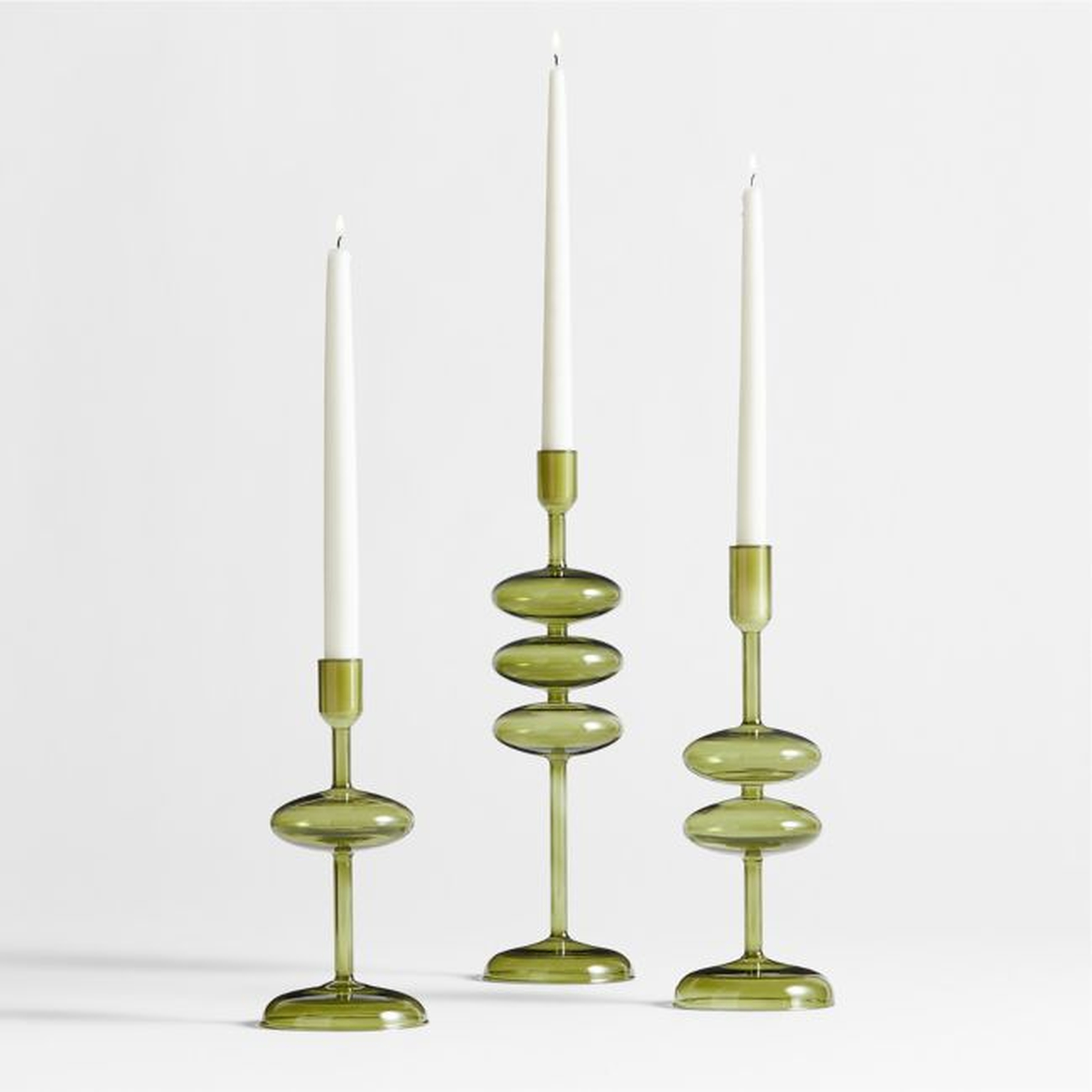Venezia Olive Green Glass Taper Candle Holders, Set of 3 - Crate and Barrel