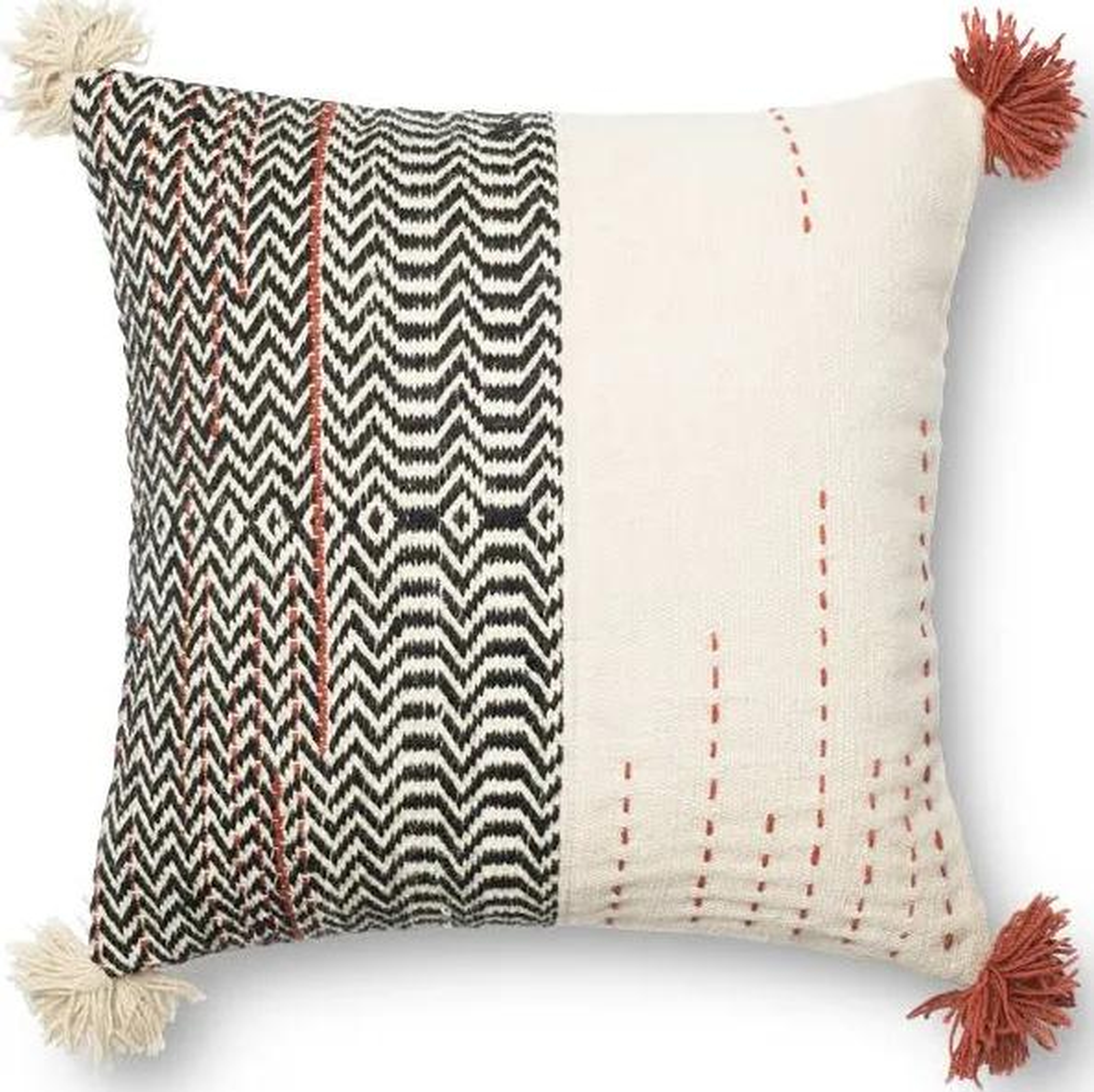 Split Pattern Throw Pillow with Tassels, 22" x 22", Black, Ivory & Orange - Loma Threads