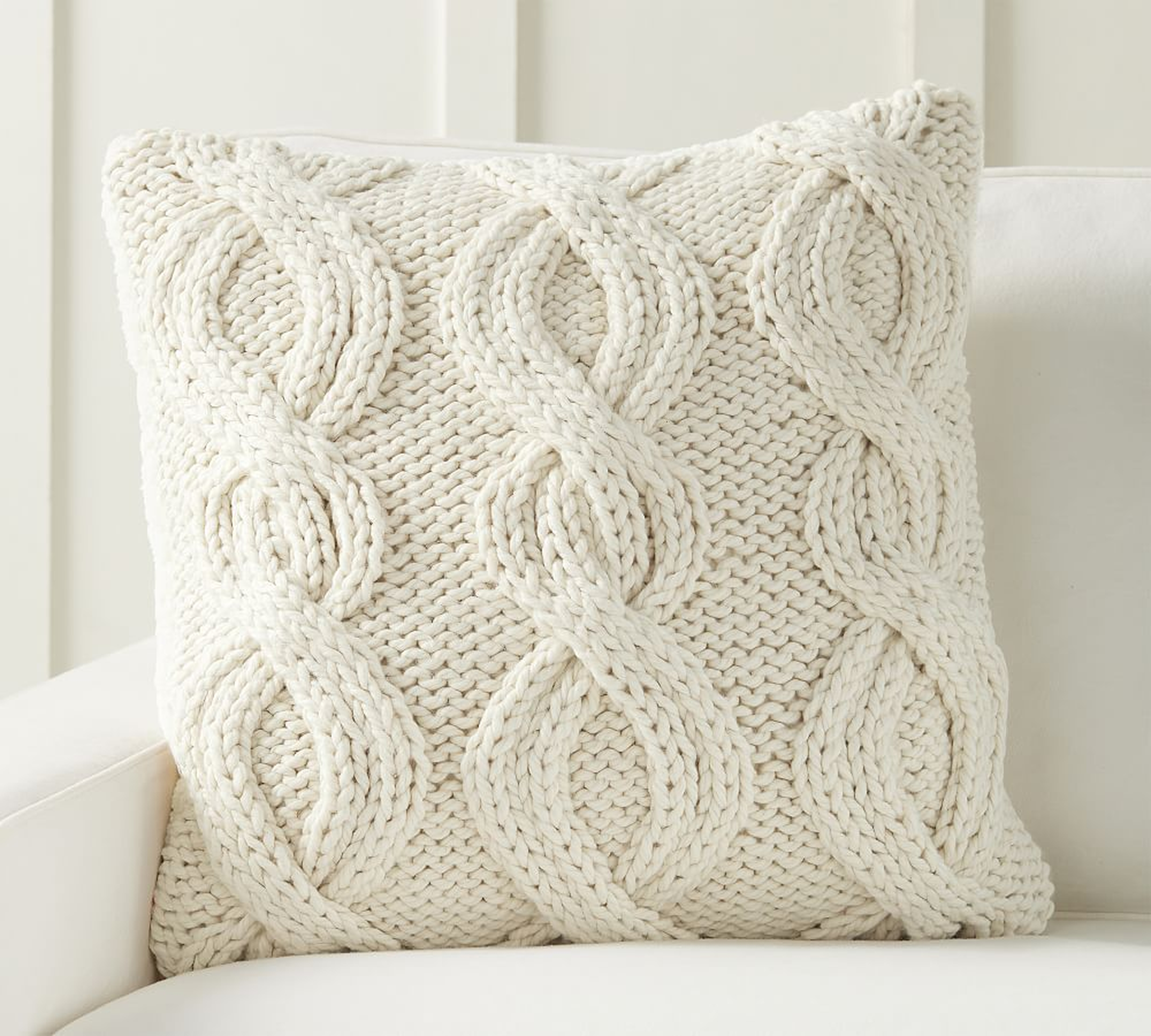 Alpine Handknit Cable Sherpa Back Pillow Cover, 24", Ivory - Pottery Barn