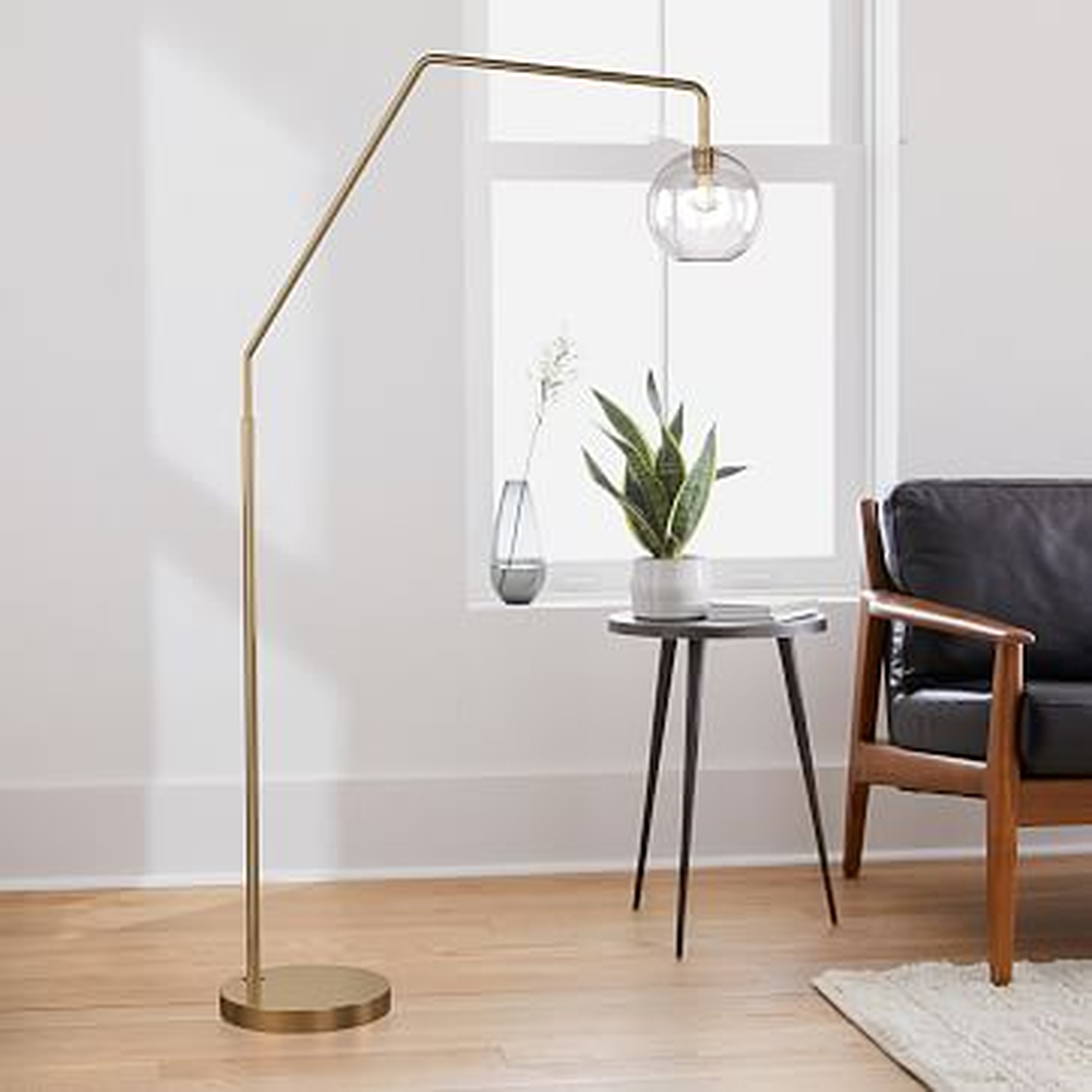 Sculptural Overarching Floor Lamp, Globe Small, Clear, Antique Brass, 8" - West Elm