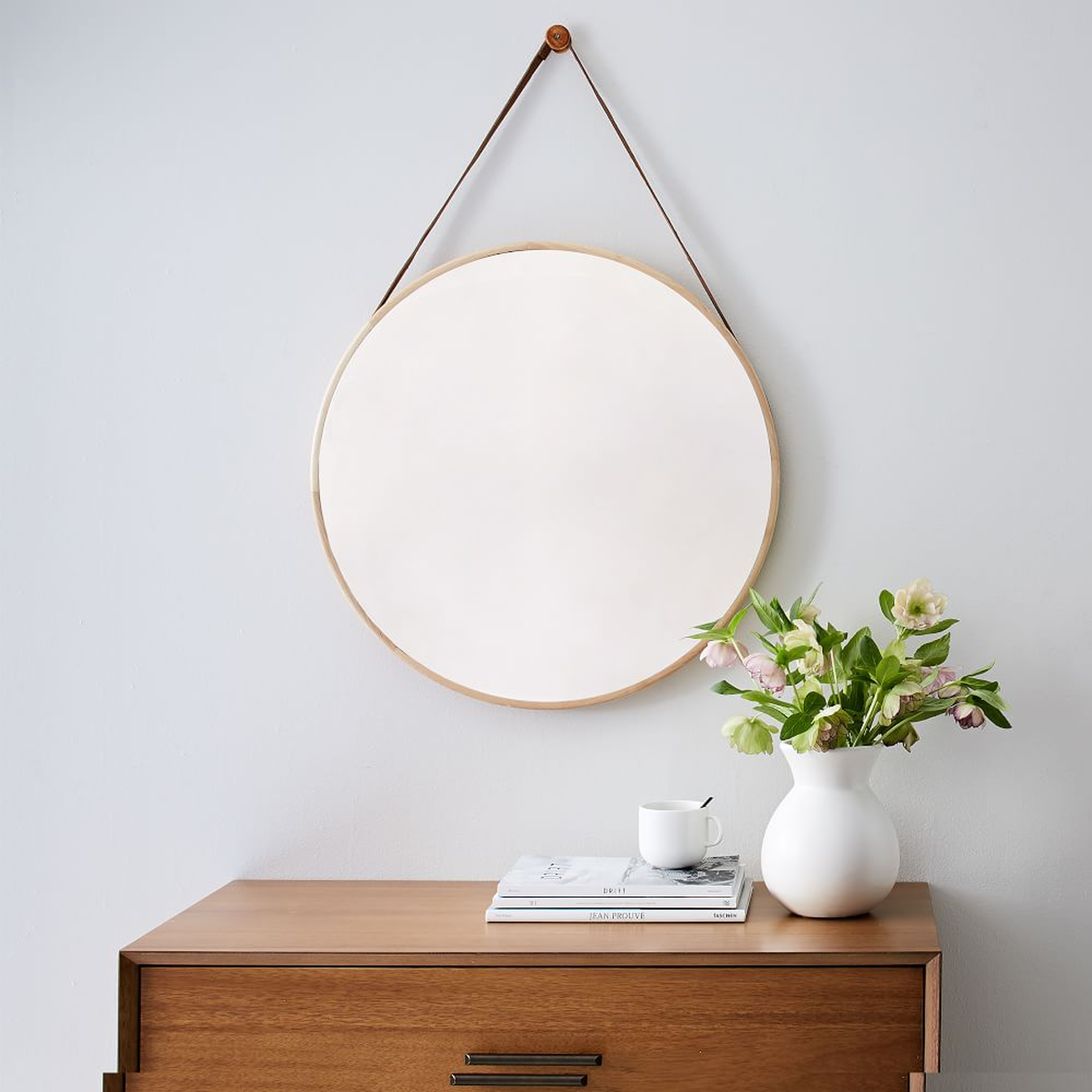 Modern Leather Round Hanging Mirror, Natural and Tan, 24" Diam - West Elm