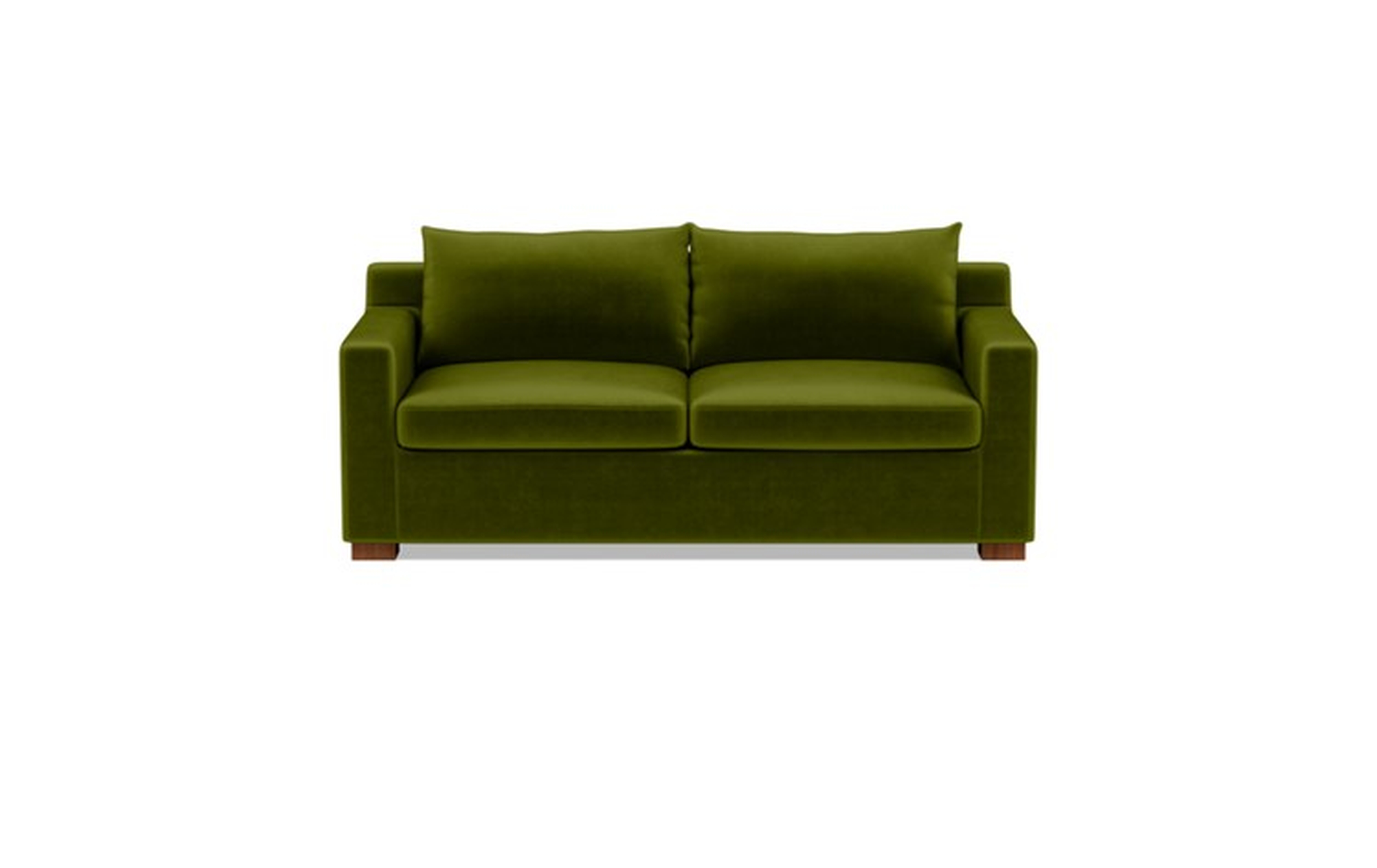 Sloan Sleeper Sleeper Sofa with Green Moss Fabric, down alternative cushions, and Oiled Walnut legs - Interior Define