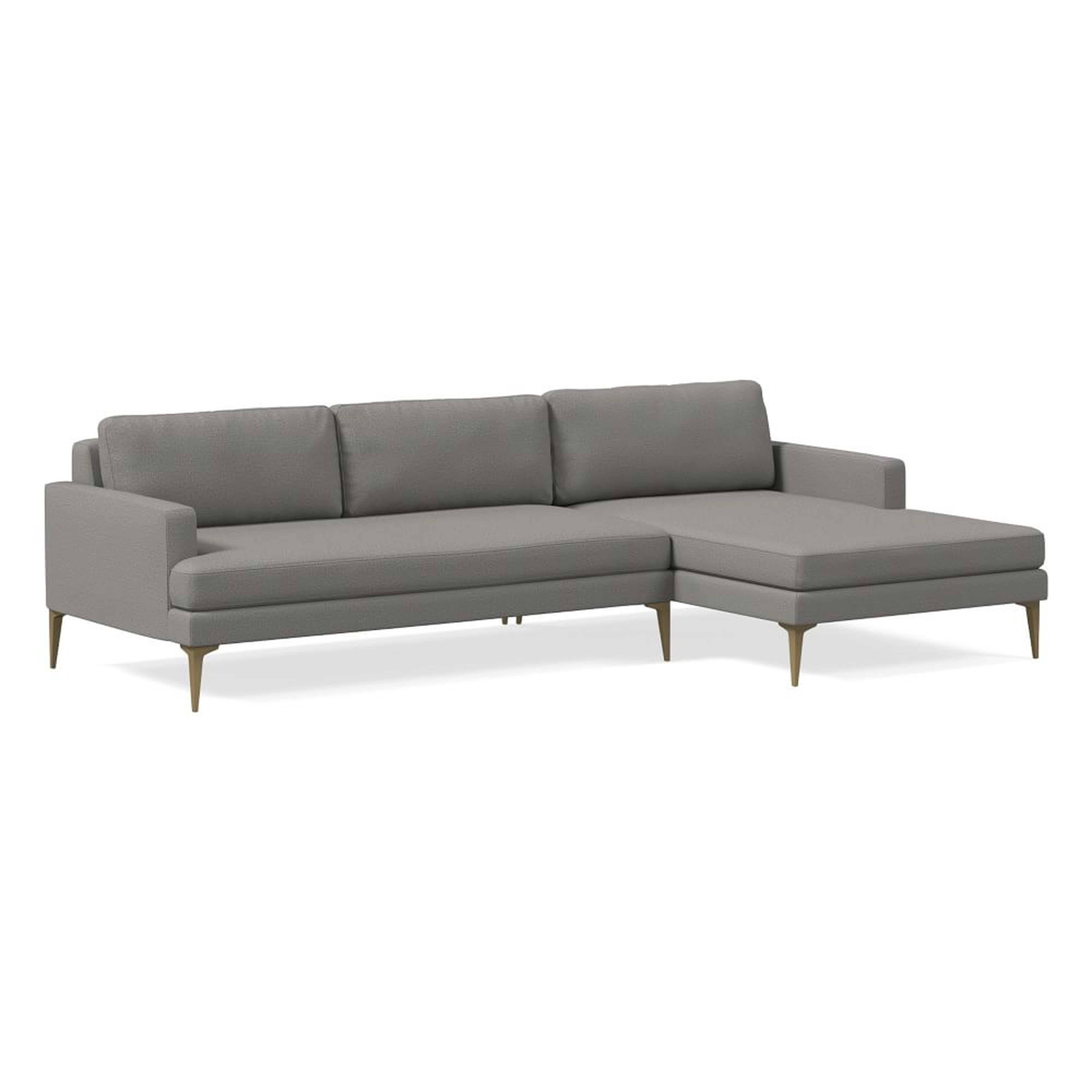Andes Sectional Set 17: Left Arm 2.5 Seater Sofa, Right Arm Chaise, Poly, Performance Chenille Tweed, Silver, Blackened Brass - West Elm