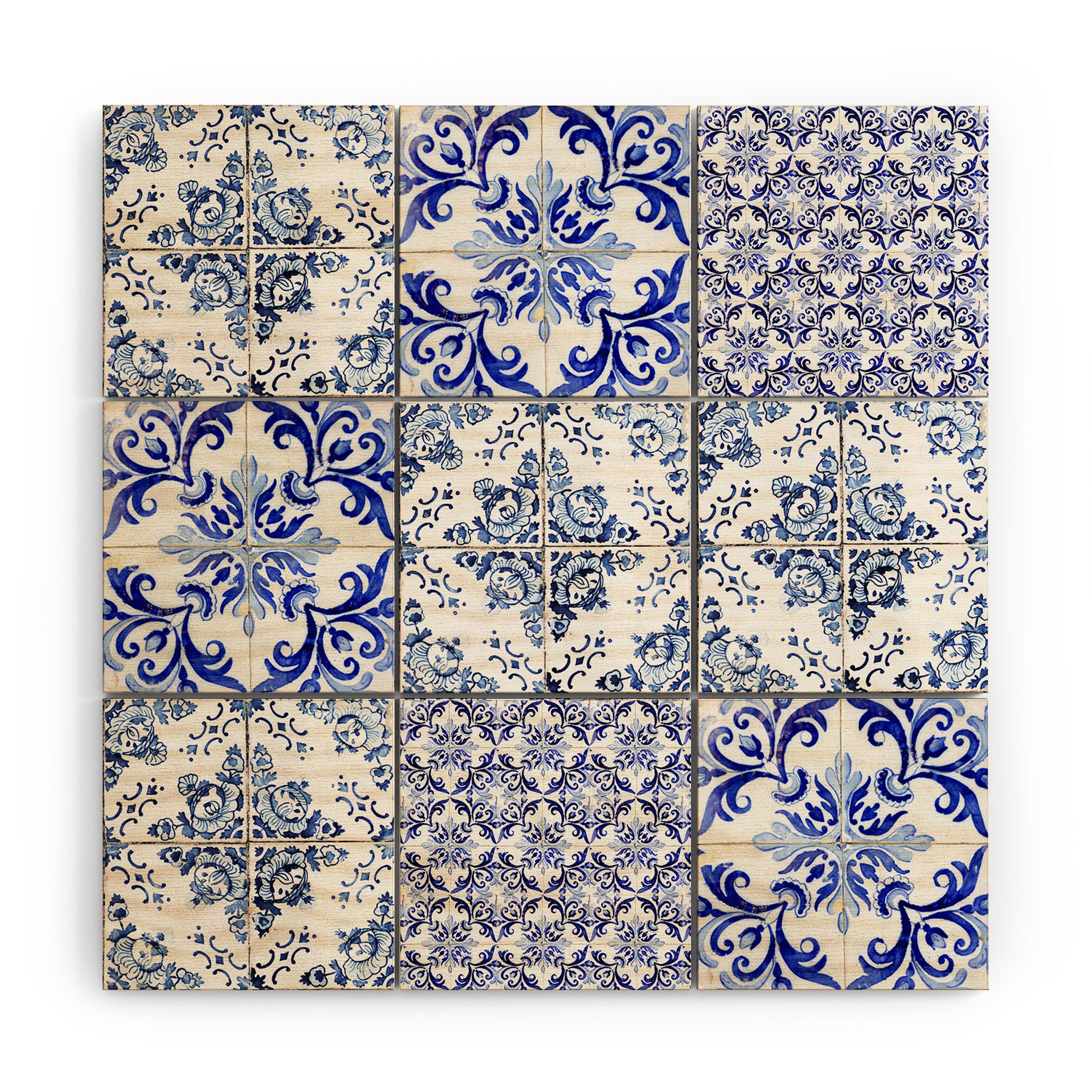 Portuguese Azulejos by Ingrid Beddoes - Wood Wall Mural3' X 3' (Nine 12" Wood Squares) - Wander Print Co.