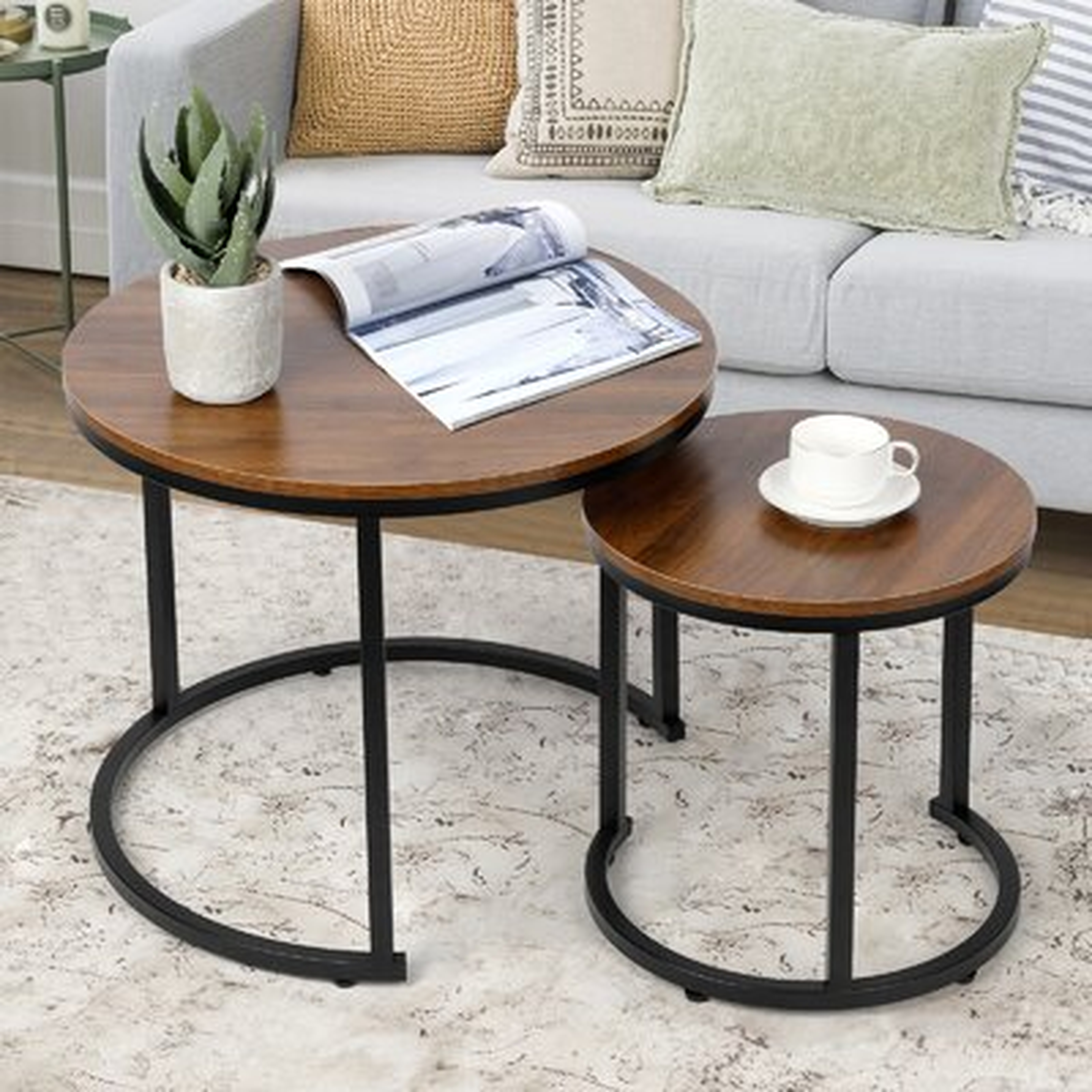 Modern Nesting Coffee Table Set Of 2 For Living Room Balcony Office, Round Wood Accent Side Coffee Tables With Sturdy Metal Frame, Easy Assembly(walnut) - Wayfair