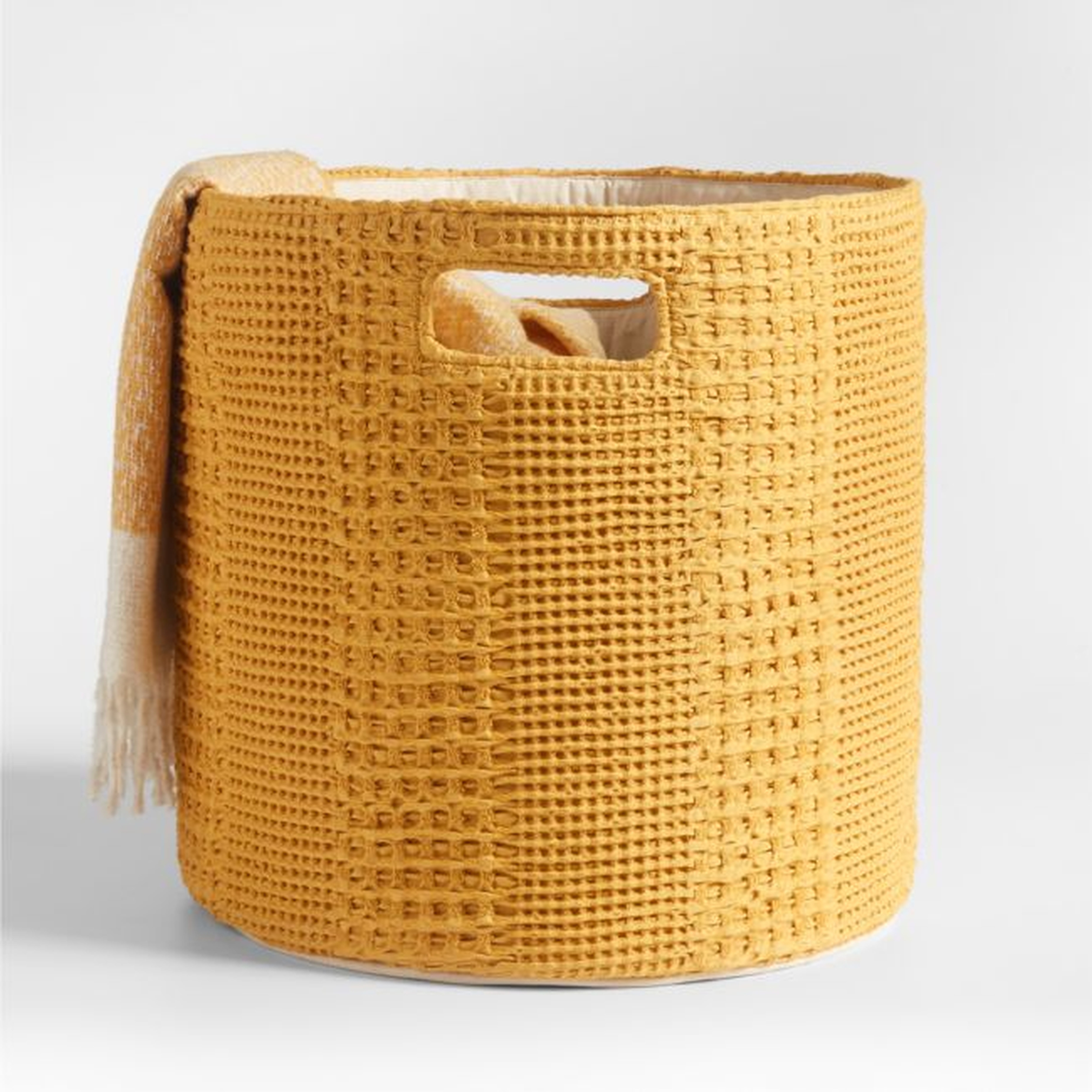 Nella Ochre Yellow Cotton Waffle Weave Large Storage Bin with Handles - Crate & Kids