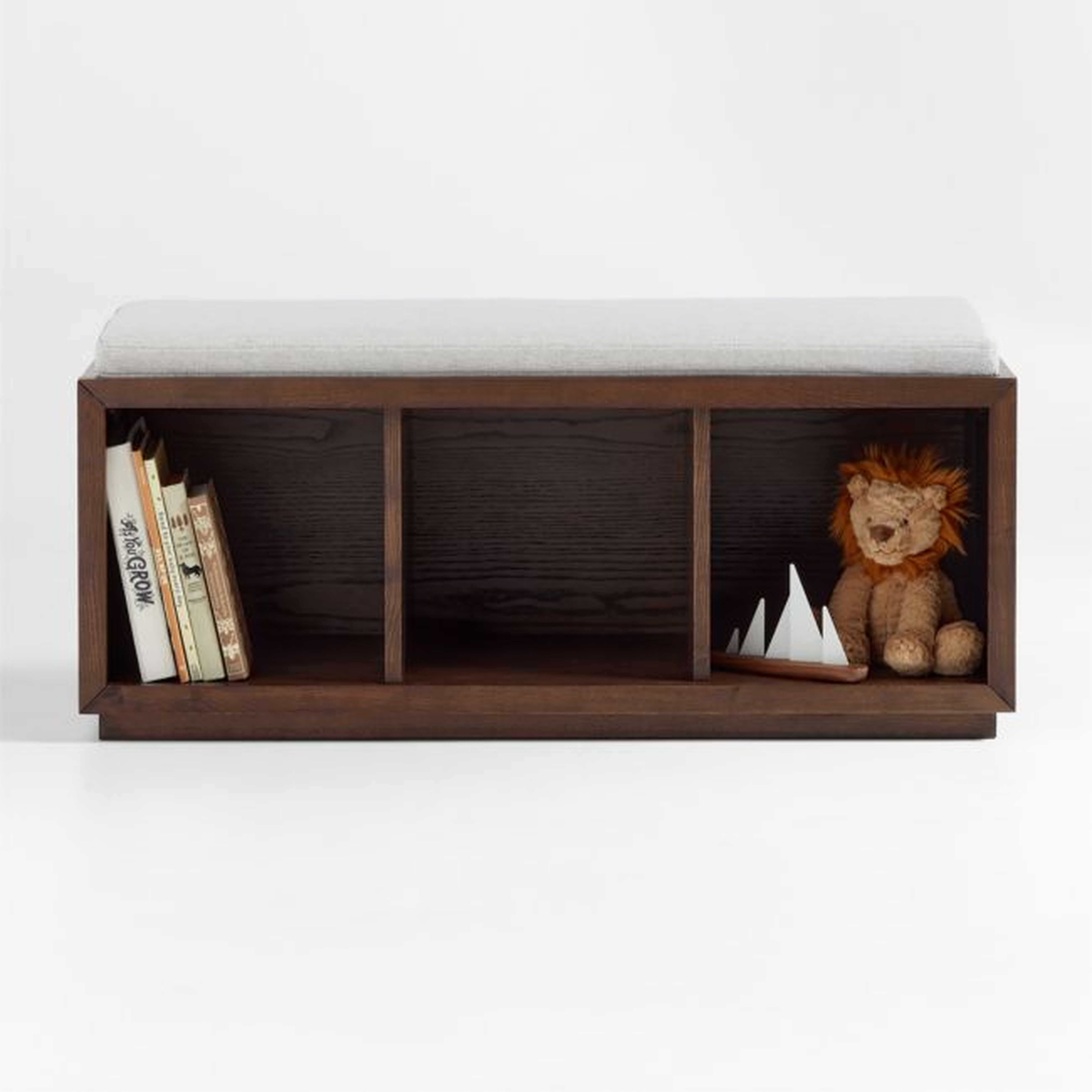 Cade Deep Brown Wood 3-Cube Bookcase Bench with Natural Bench Cushion - Crate & Kids