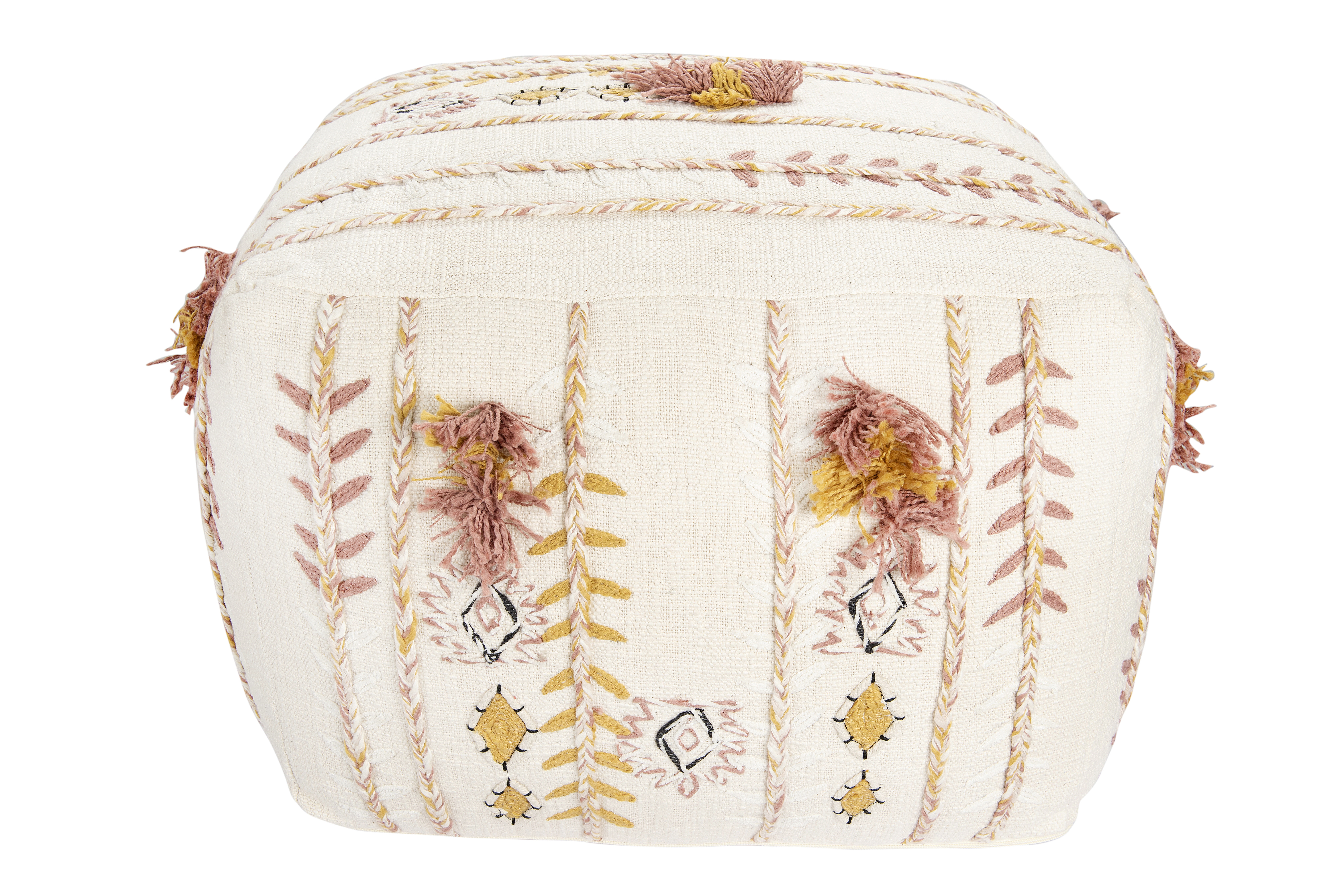 Square Cream Cotton Pouf with Misty Rose & Mustard Yellow Embroidery and Pom Poms - Nomad Home
