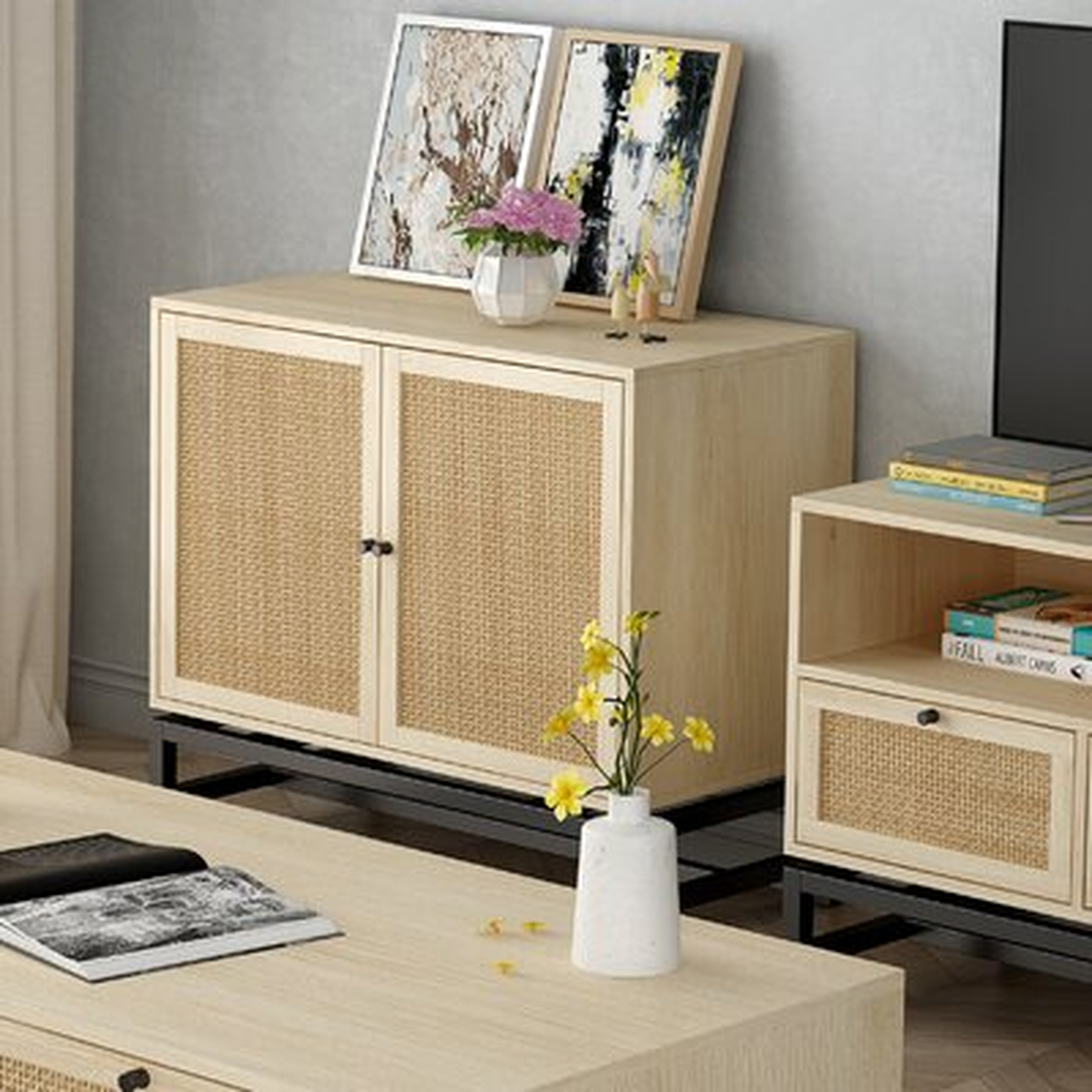 Modern Hirano Storage Cabinet, Accent Entryway Floor Cabinet With Adjustable Shelf And 2 Rattan Doors, Mid-Century Bookmatch, Free Standing Buffet Sideboard For Hallway, Living Room, Bedroom, Kitchen - Wayfair