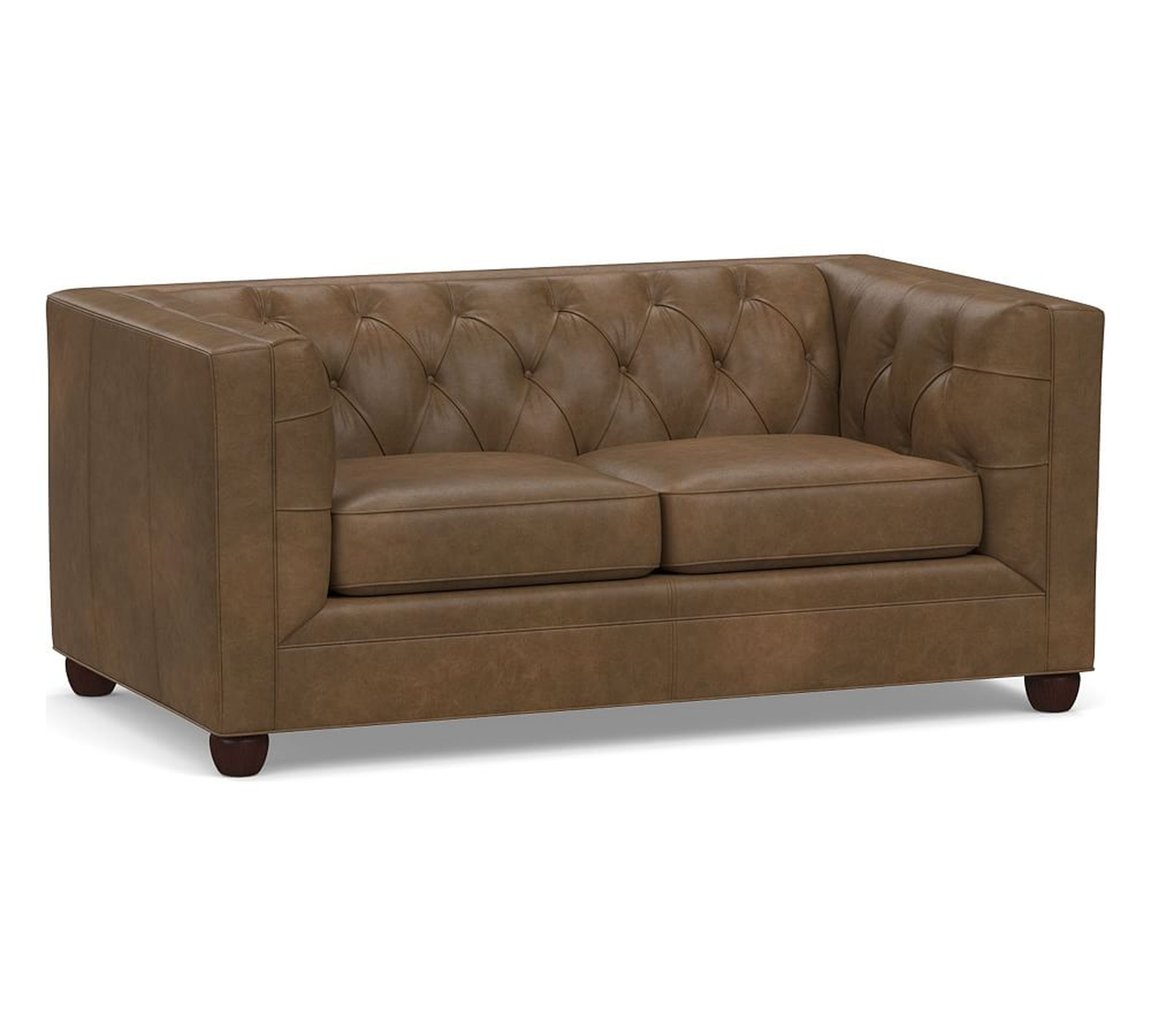 Chesterfield Square Arm Leather Loveseat, Polyester Wrapped Cushions, Churchfield Chocolate - Pottery Barn