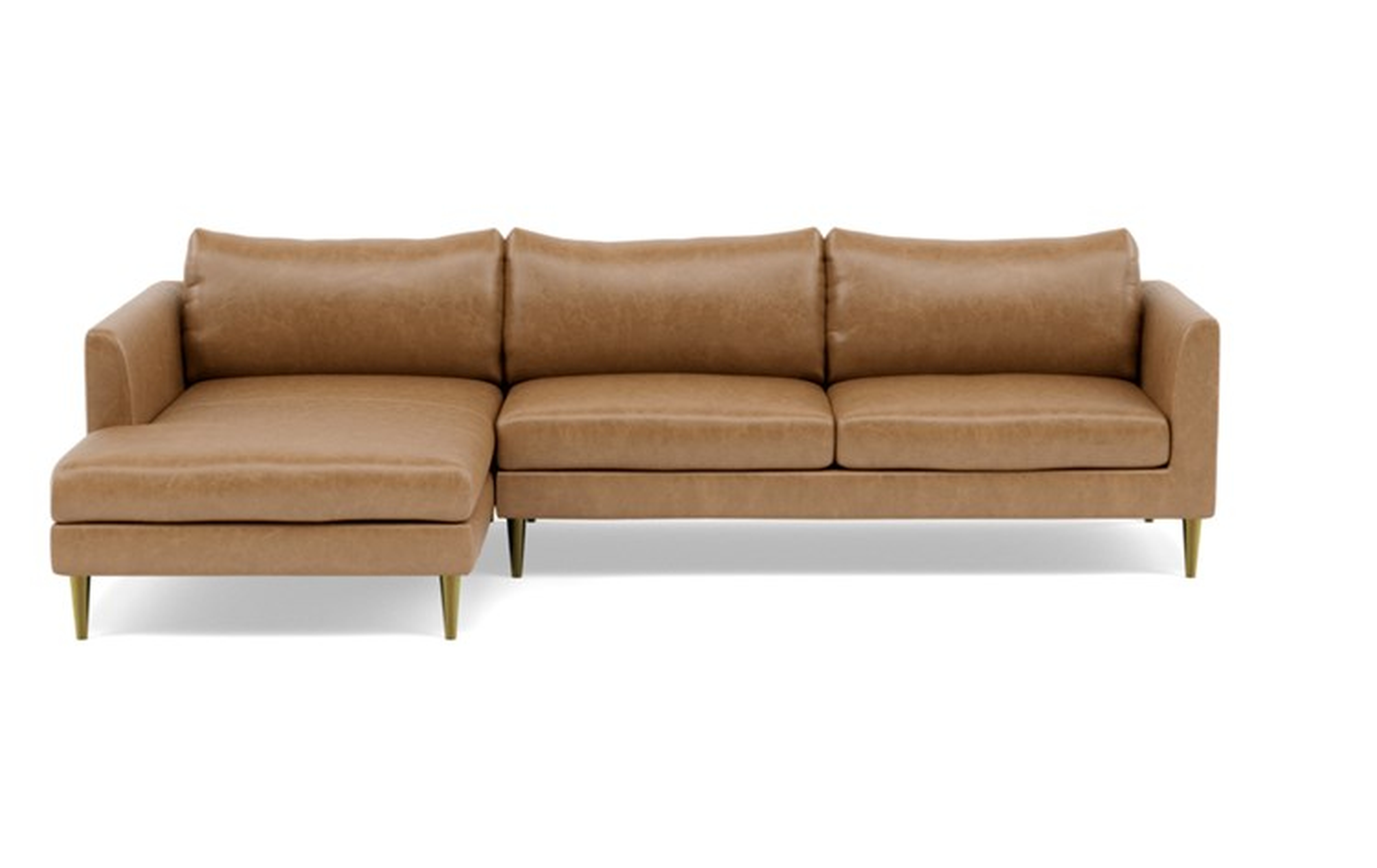 Owens Leather Left Sectional with Brown Palomino Leather, down alternative cushions, extended chaise, and Brass Plated legs - Interior Define