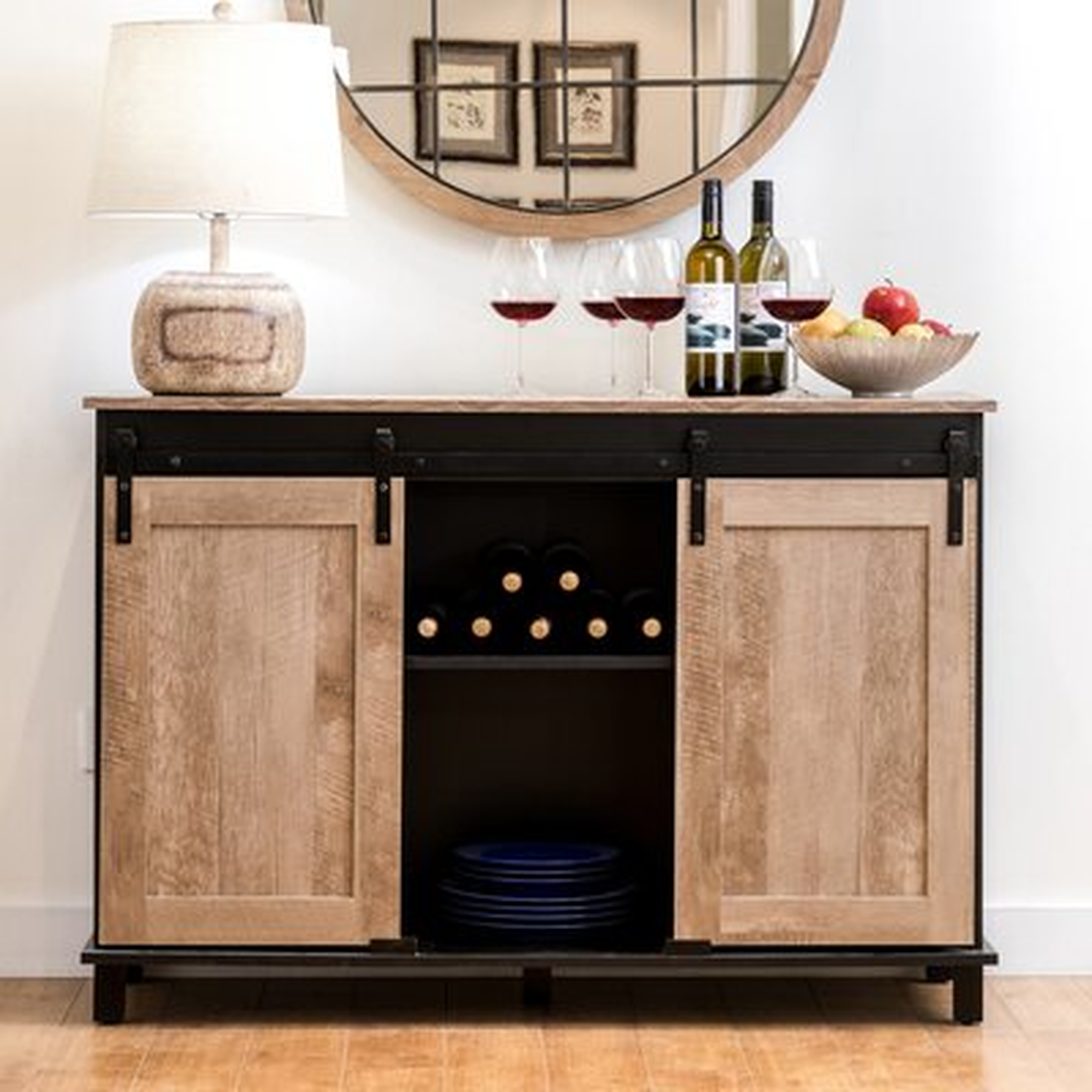 Modern Industrial Black Wine Bar Cabinet With Natural Top And Sliding Doors. - Wayfair
