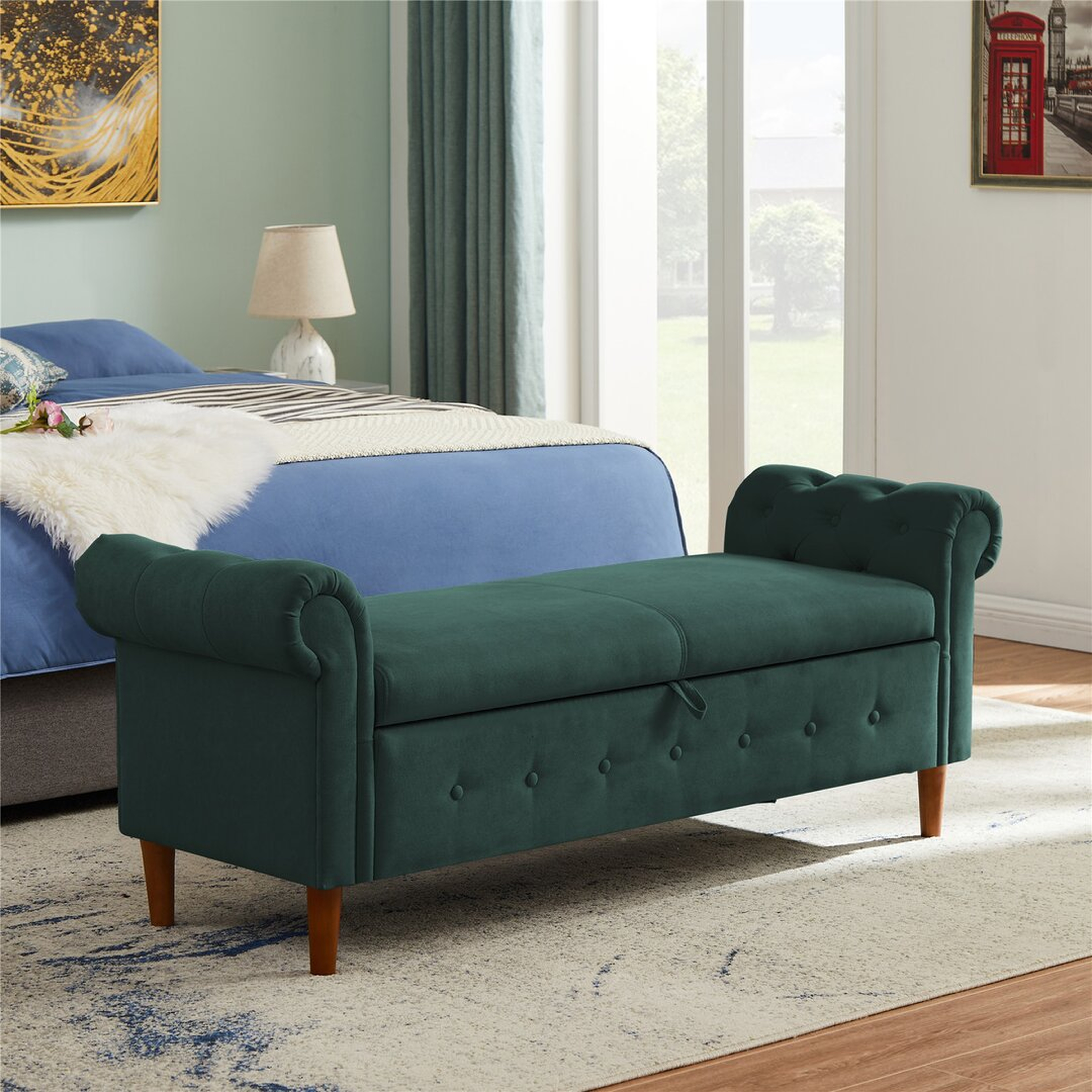 "HOACE Upholstered Rollarm Flip Top Storage Bench Sofa Stool" - Perigold