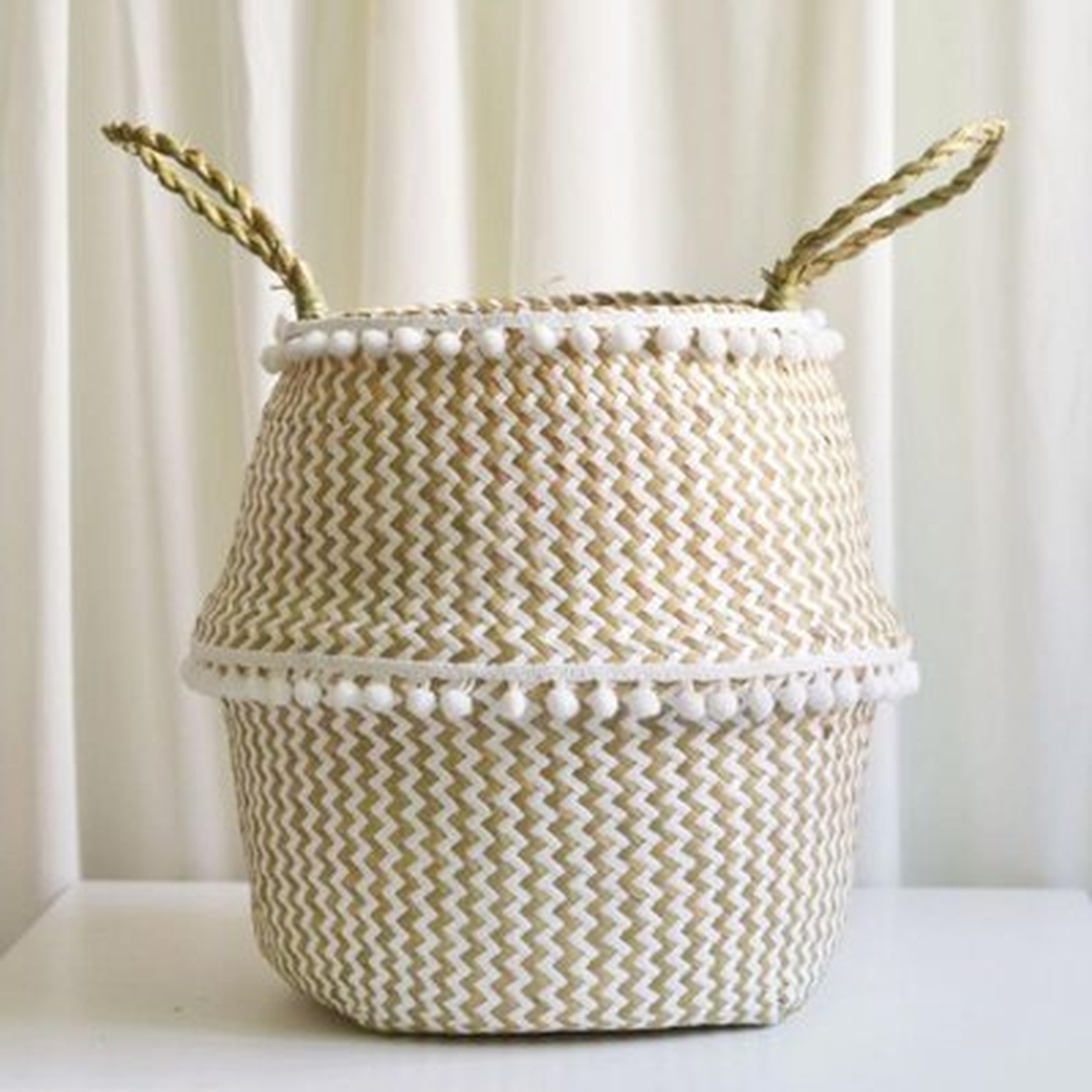 Foldable Handmade Folding Wicker Storage With Small Plush Balls Grass Weaving Basket - Wayfair