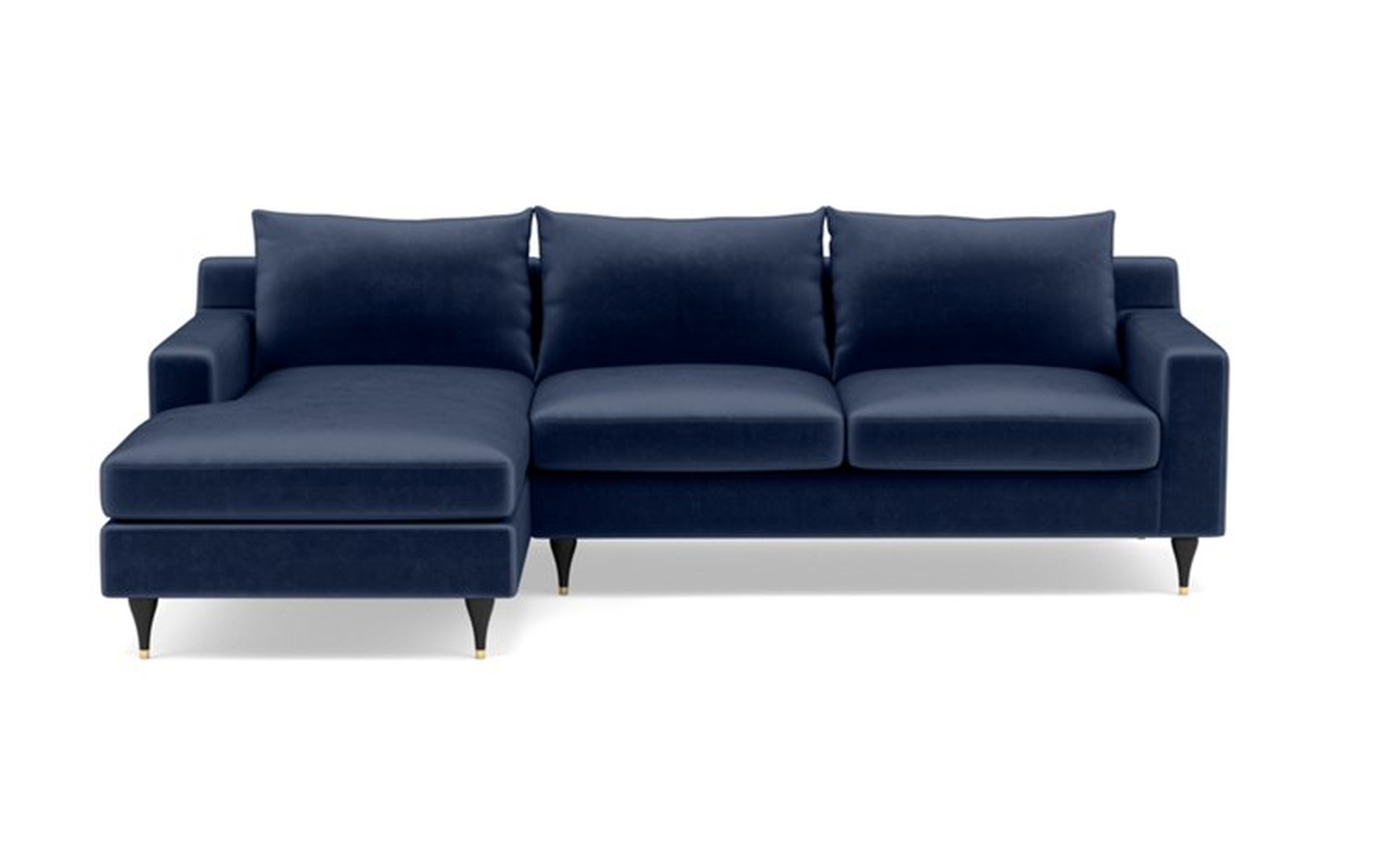 Sloan Left Sectional with Blue Bergen Blue Fabric, down alternative cushions, extended chaise, and Matte Black with Brass Cap legs - Interior Define