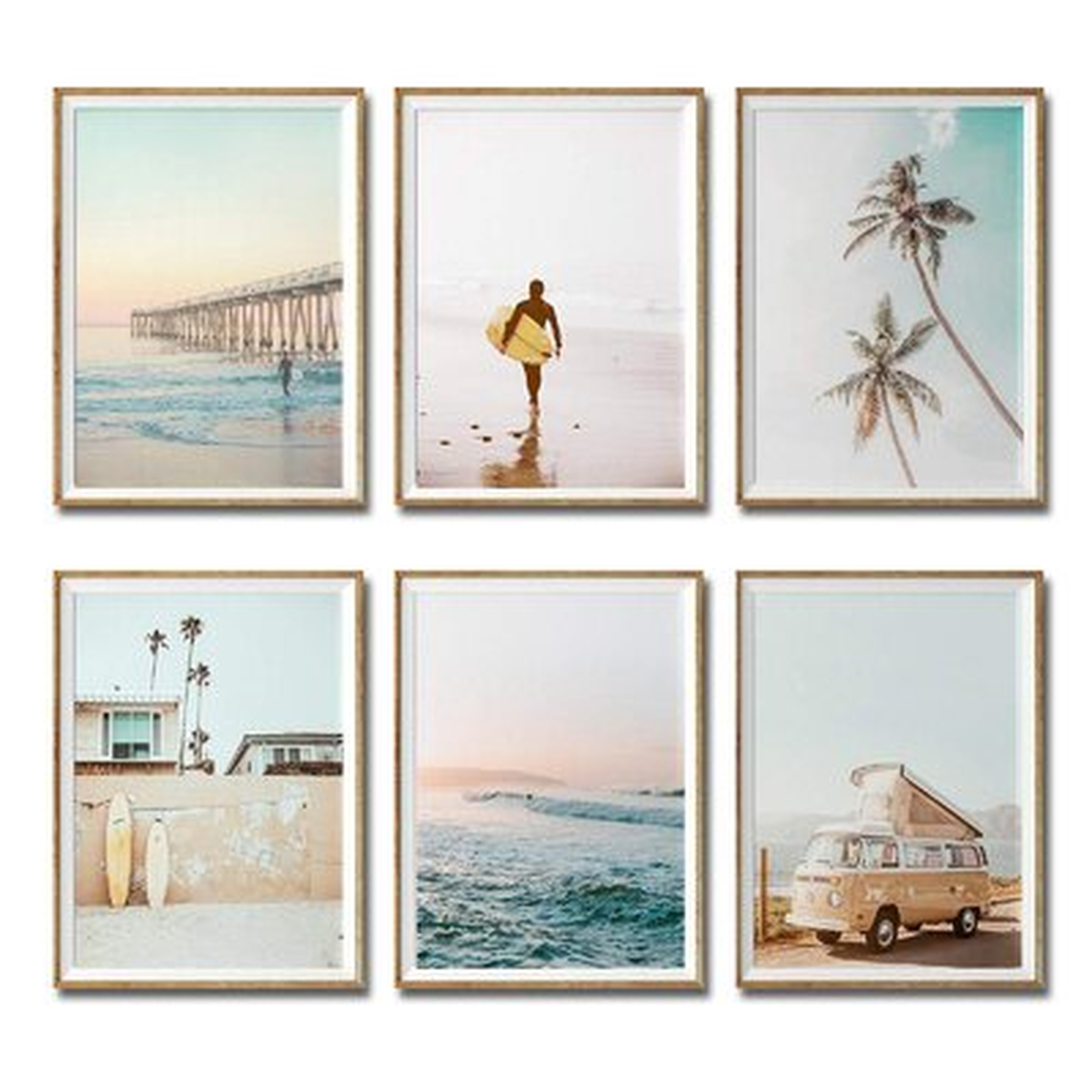 Set Of 6 Unframed California Coastal Surf Wall Art Prints, Beach Sunset Wall Poster, Surfboard Wall Art - Wayfair