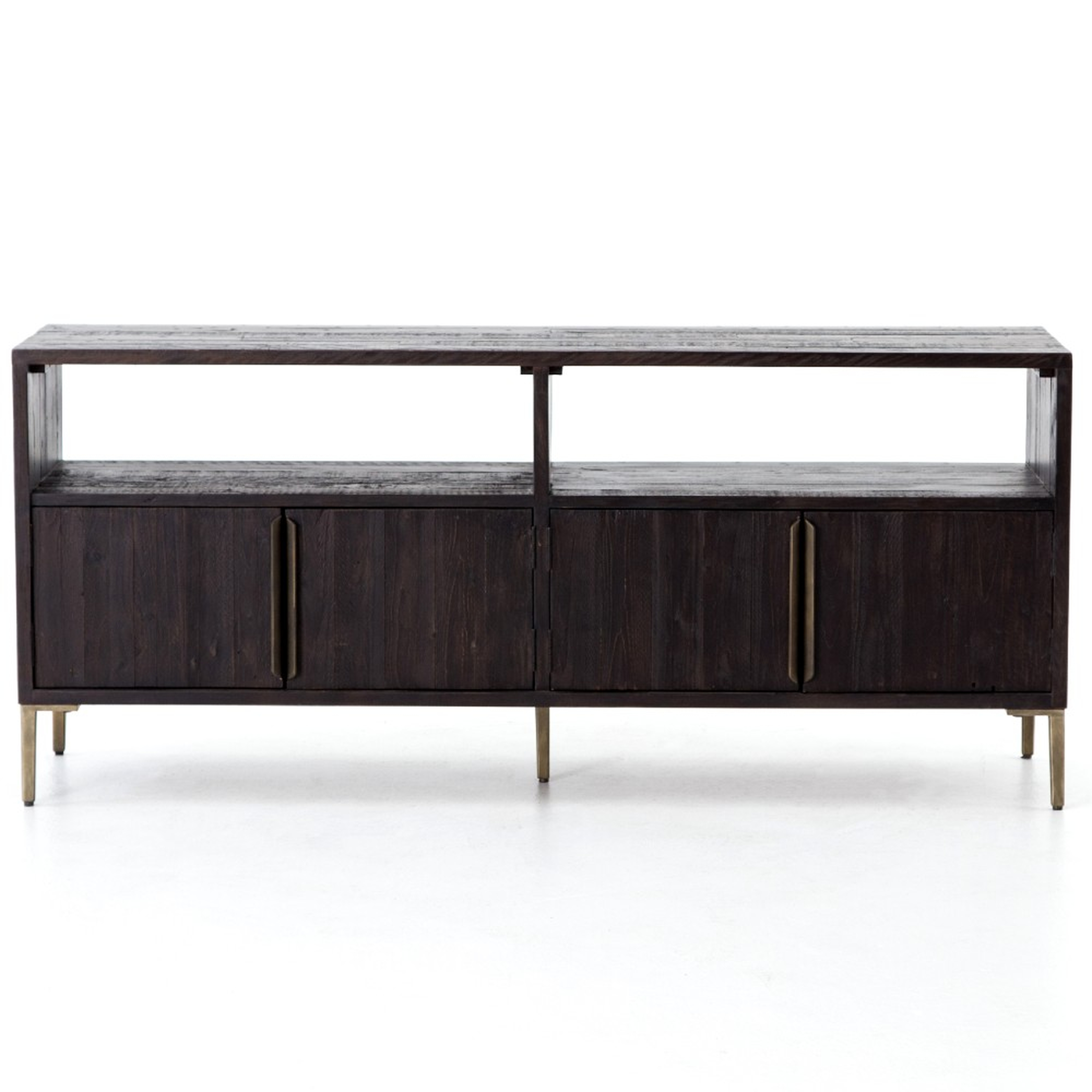 Yvette Rustic Lodge Black Pine Wood Gold Iron Media Console - Kathy Kuo Home