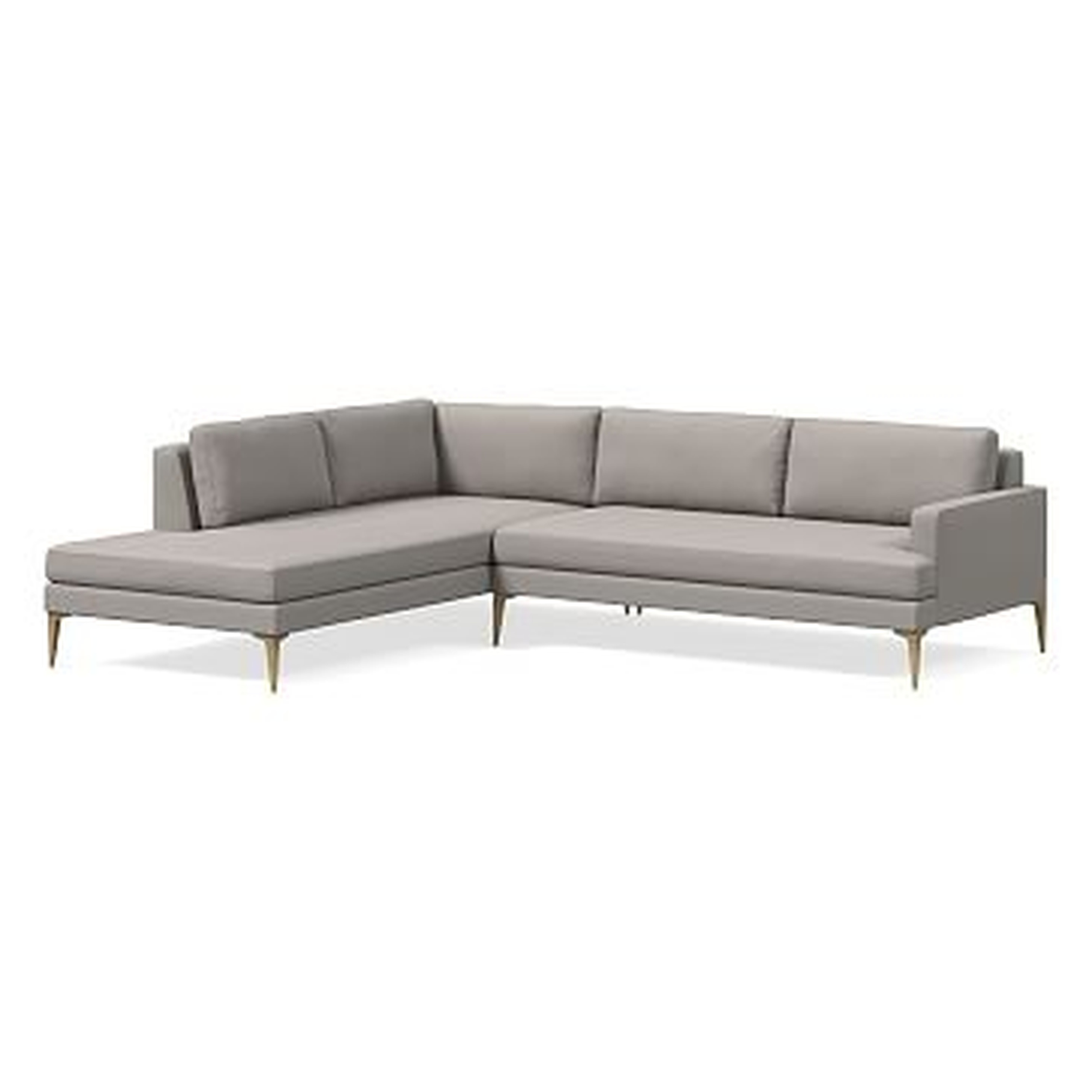 Andes Sectional Set 14: Right Arm 2.5 Seater Sofa, Left Arm Terminal Chaise, Poly , Performance Velvet, Silver, Blackened Brass - West Elm