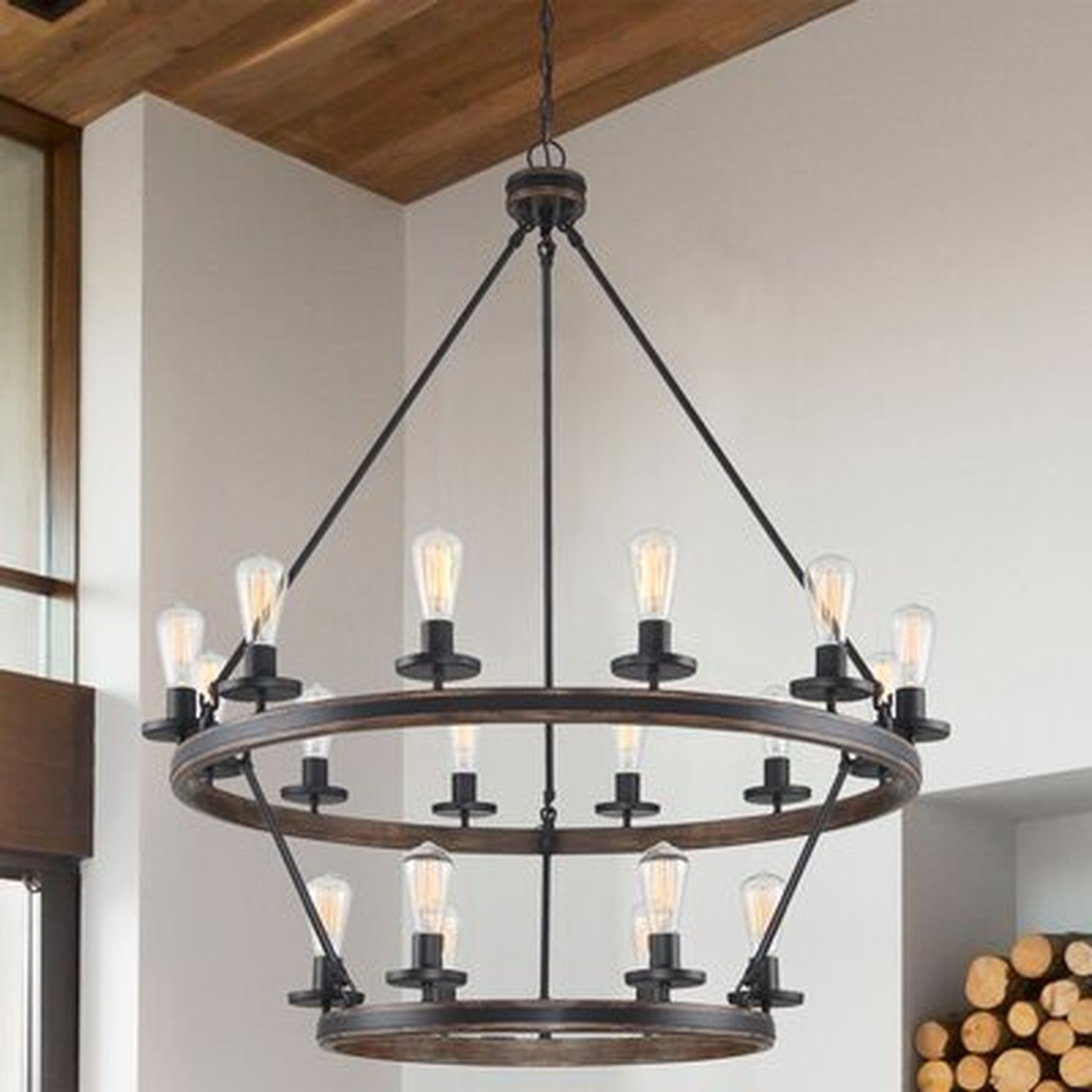 18 - Light Candle Style Wagon Wheel Chandelier with Wood Accents - Wayfair