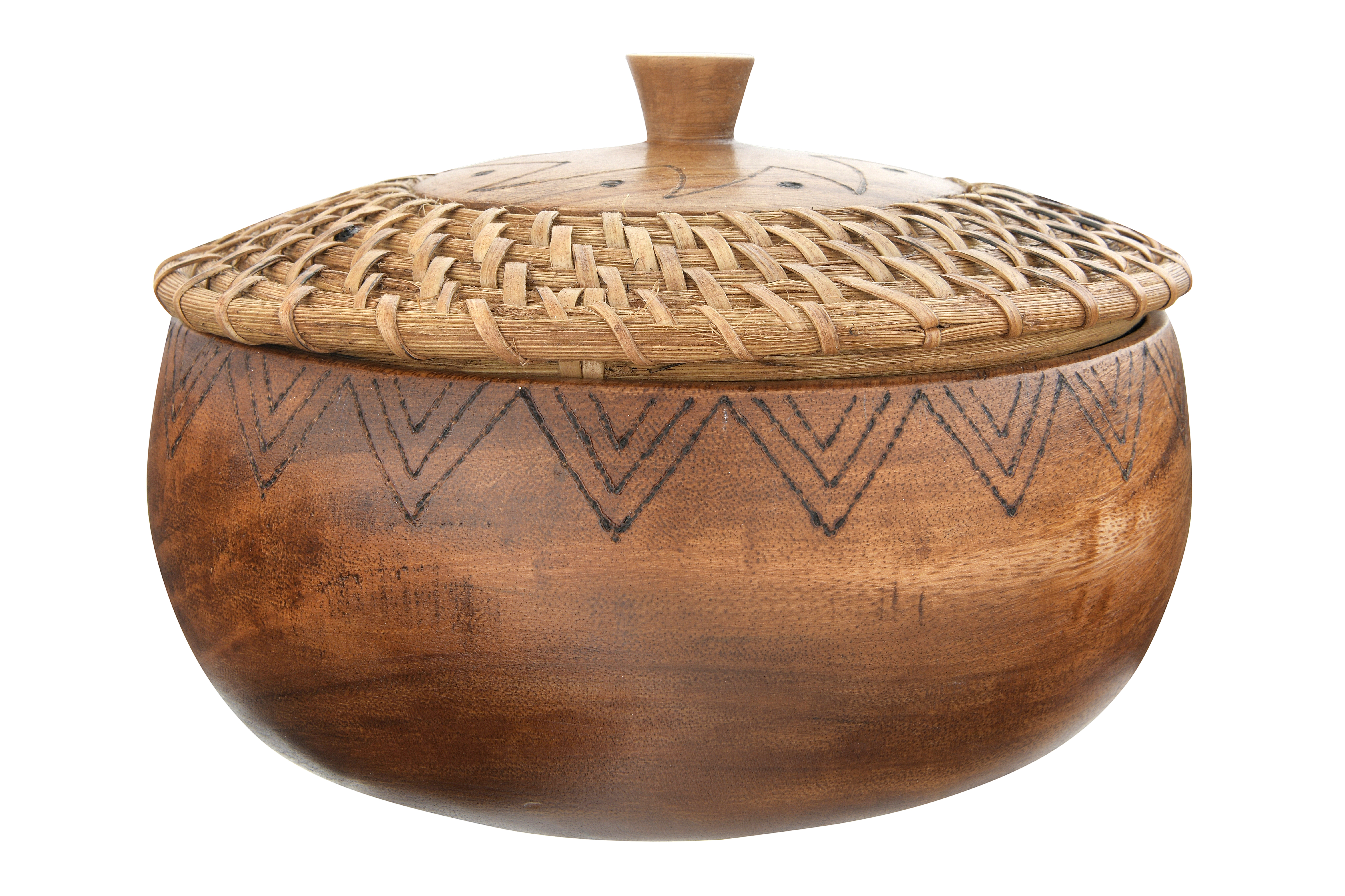 Round Woven Rattan & Acacia Wood Container with Lid & Burned Design, 9.5" - Moss & Wilder