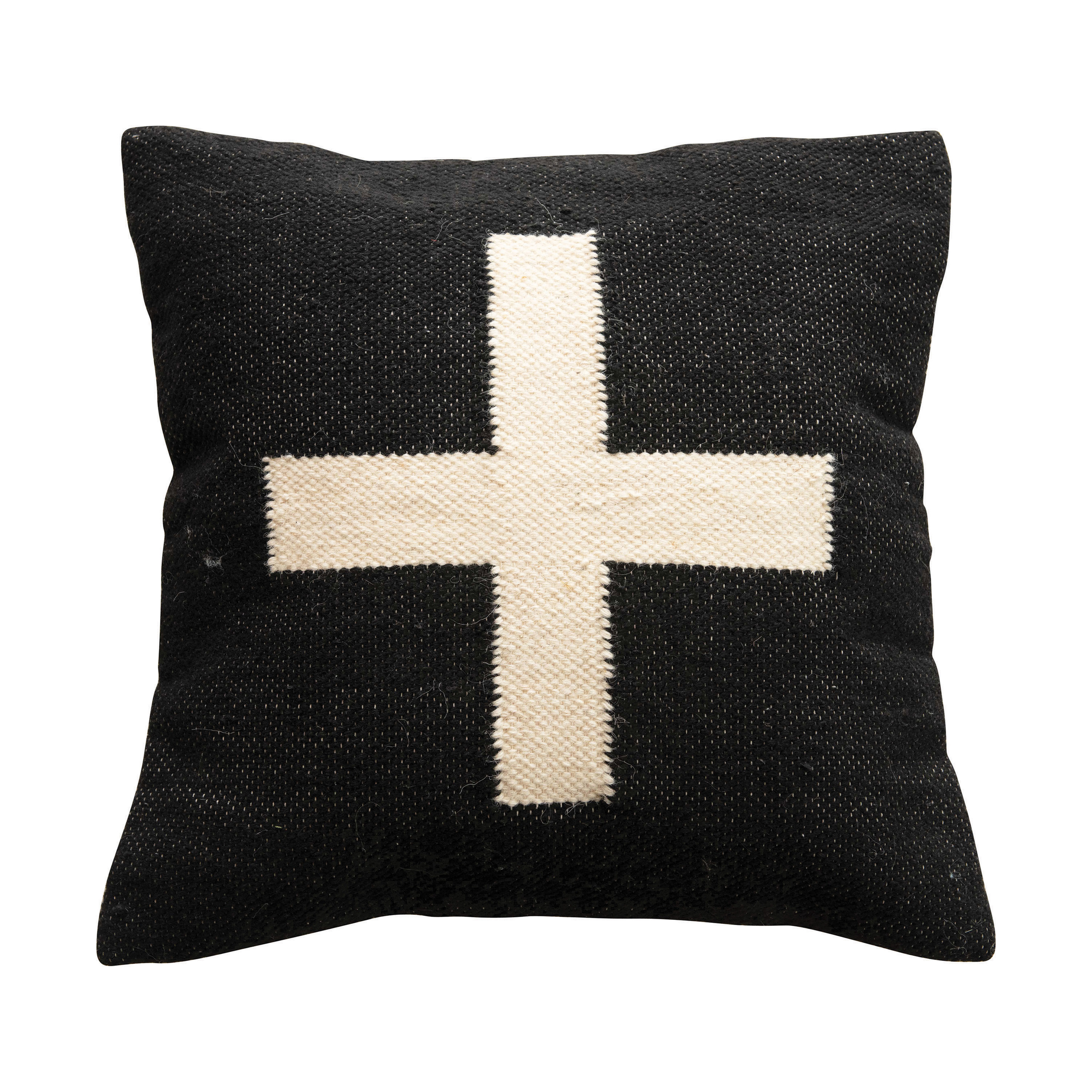 Wool Blend Pillow with Swiss Cross, Black & Cream Color - Nomad Home