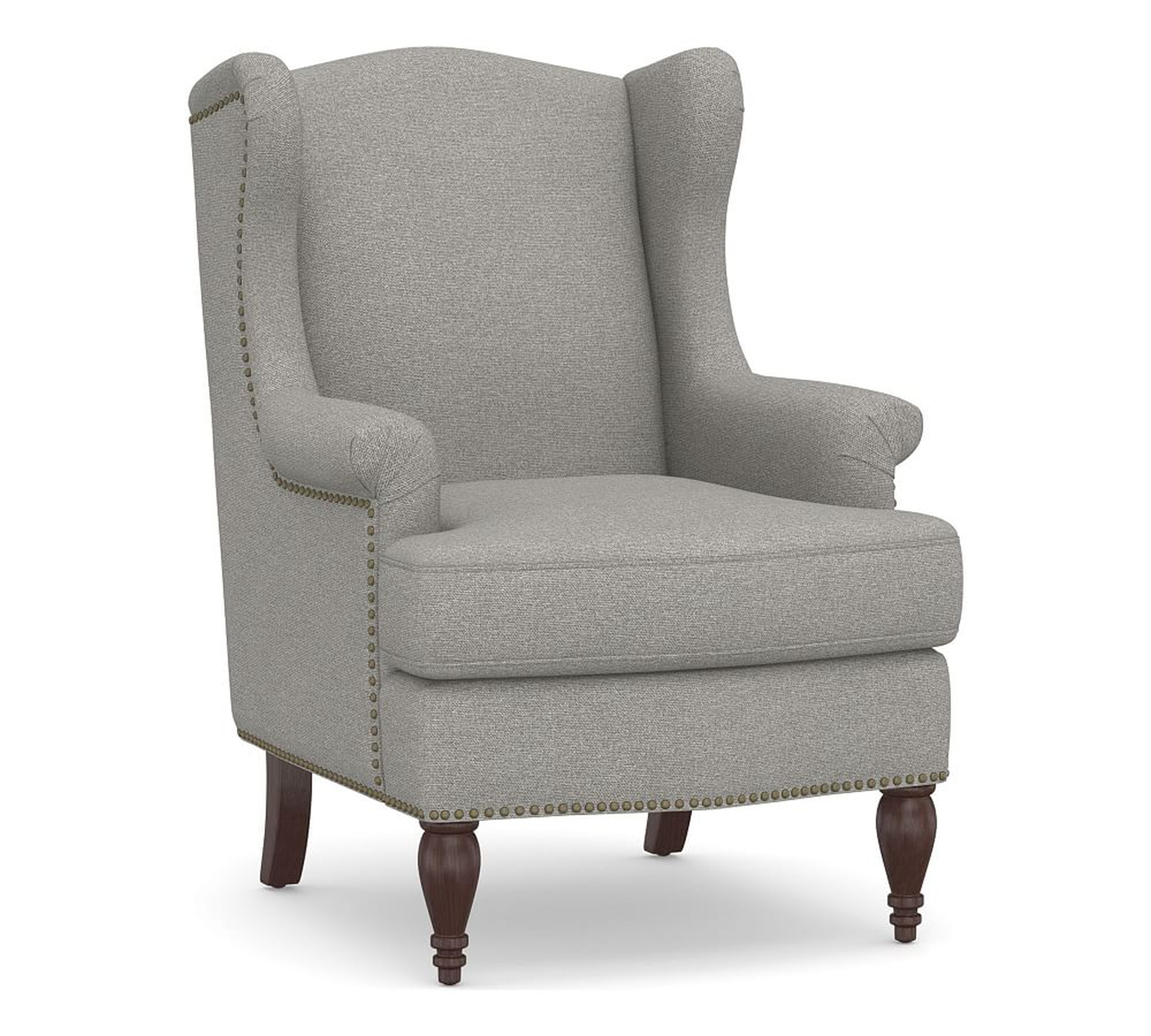 SoMa Delancey Upholstered Wingback Armchair, Polyester Wrapped Cushions, Performance Heathered Basketweave Platinum - Pottery Barn