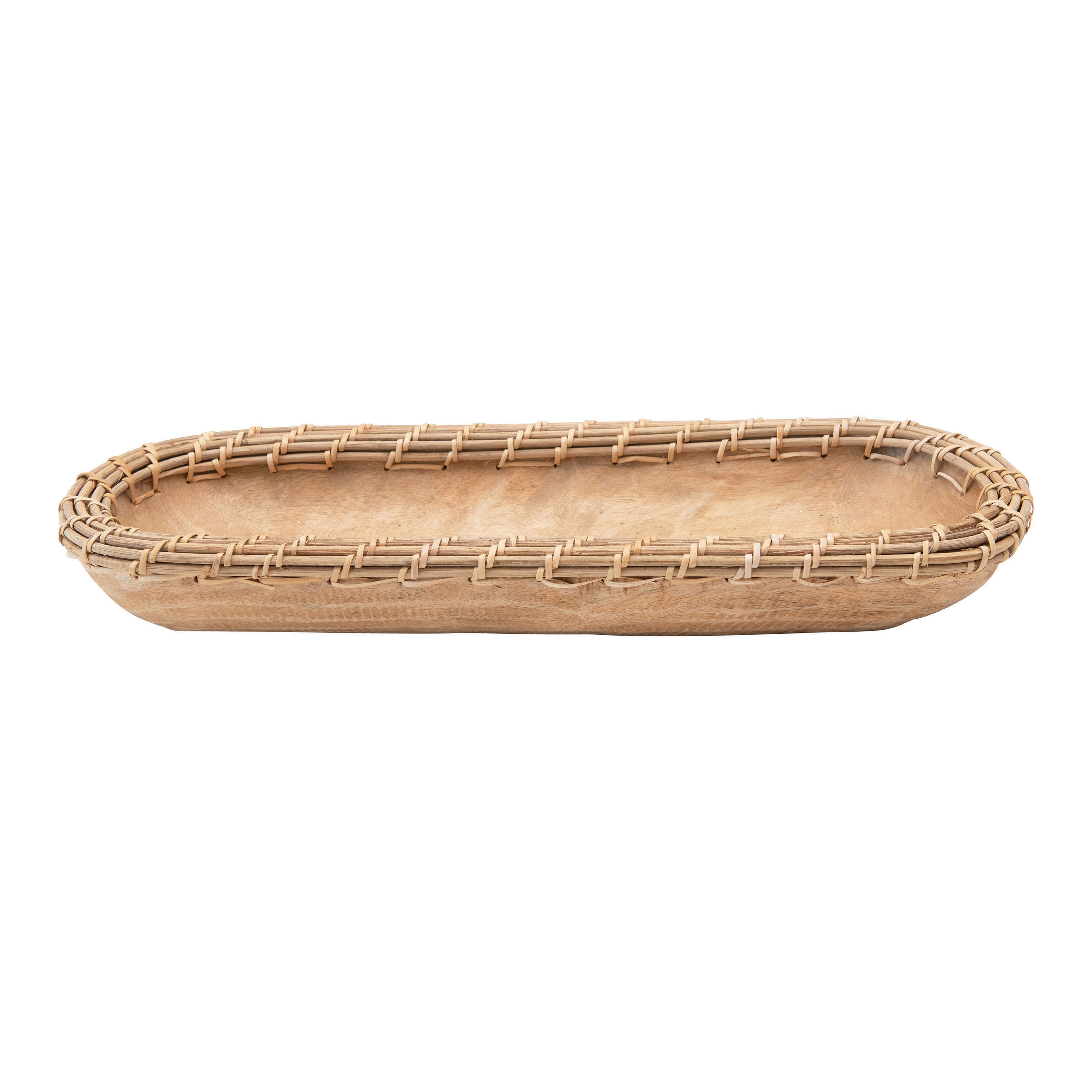 Hand-Carved Mango Wood & Woven Arurog Bowl - Creative Co-Op
