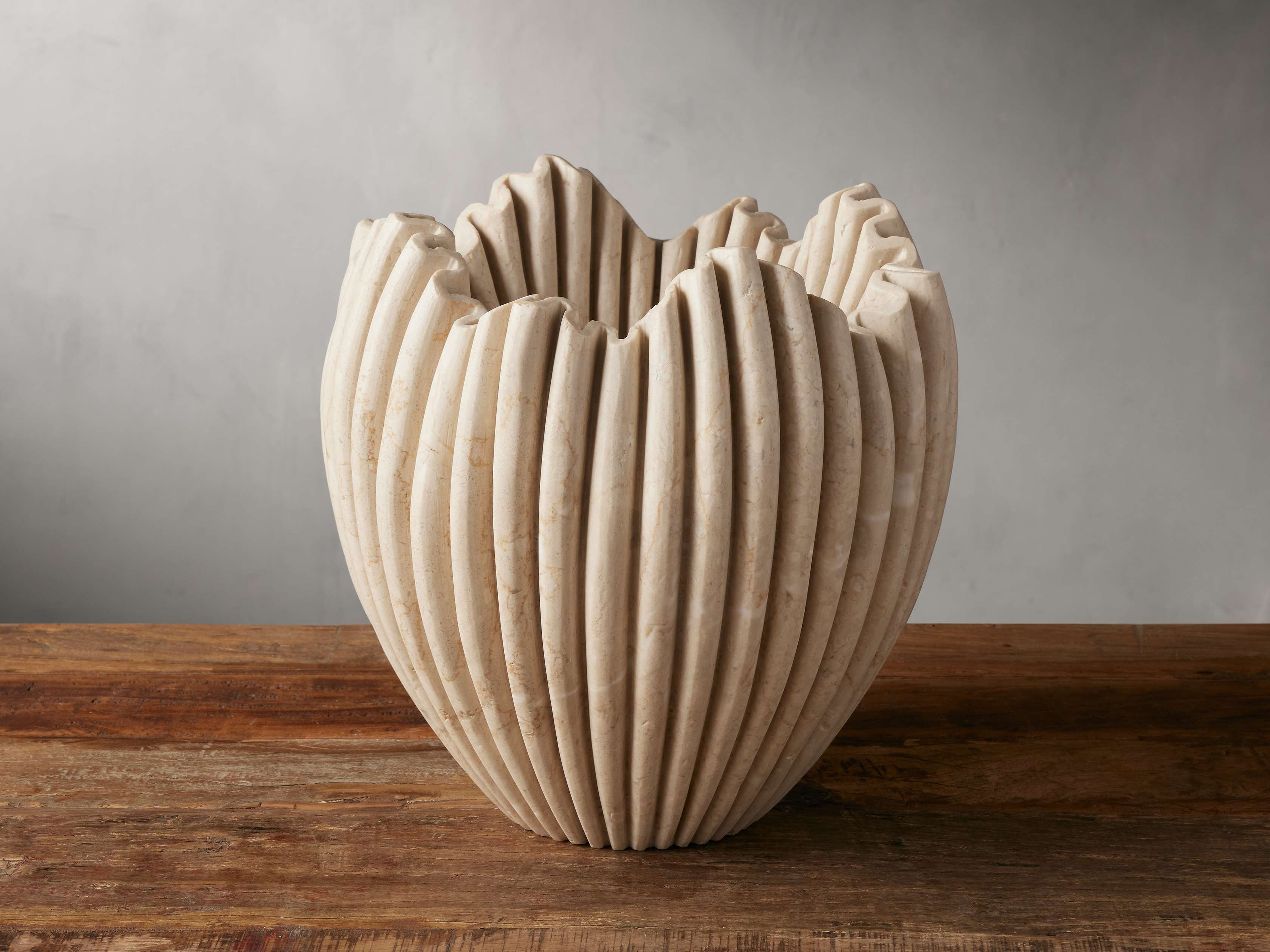 Edel Wide Ruffle Vase in Cream Marble White - Arhaus