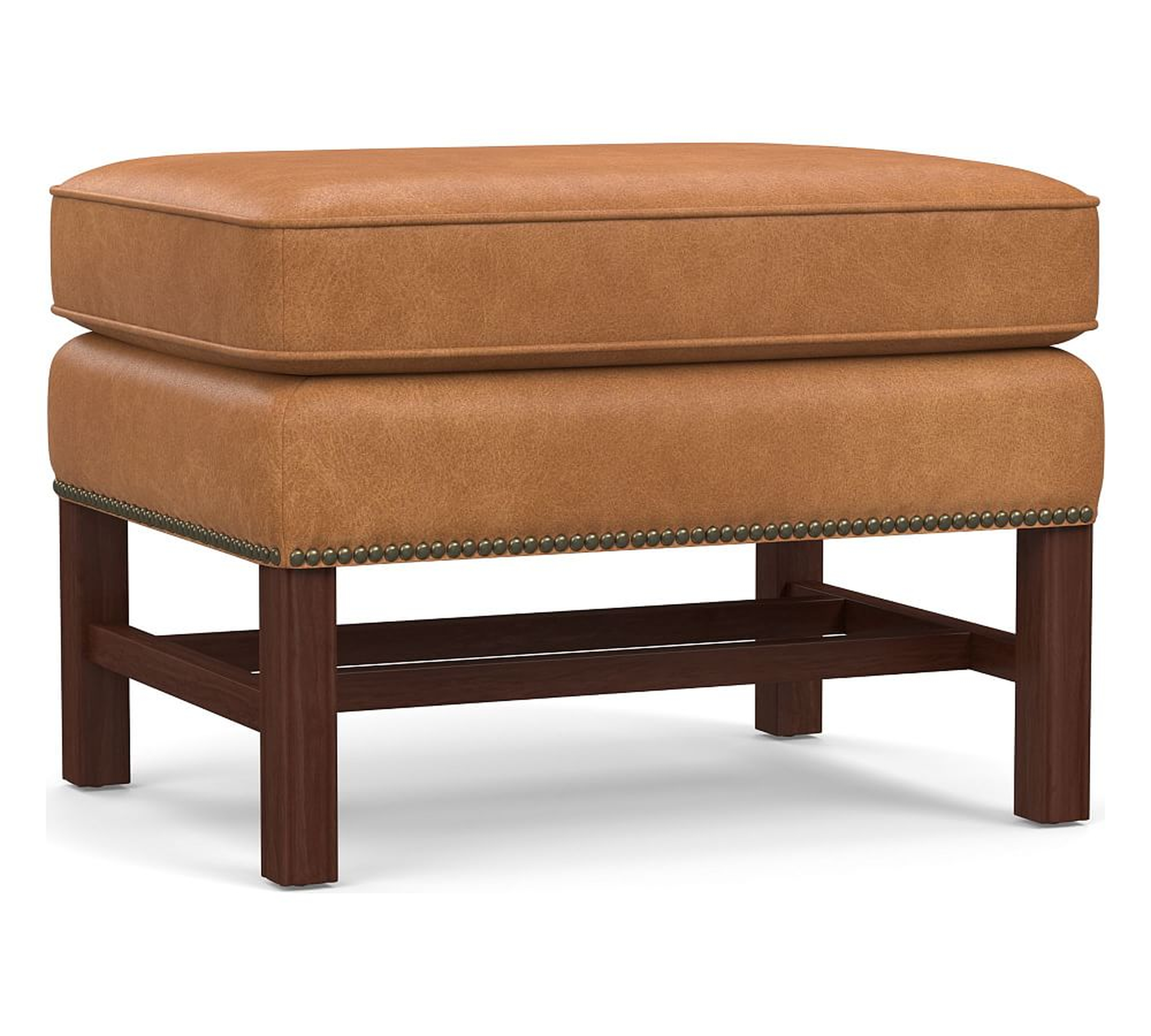 Thatcher Leather Ottoman, Polyester Wrapped Cushions, Churchfield Camel - Pottery Barn