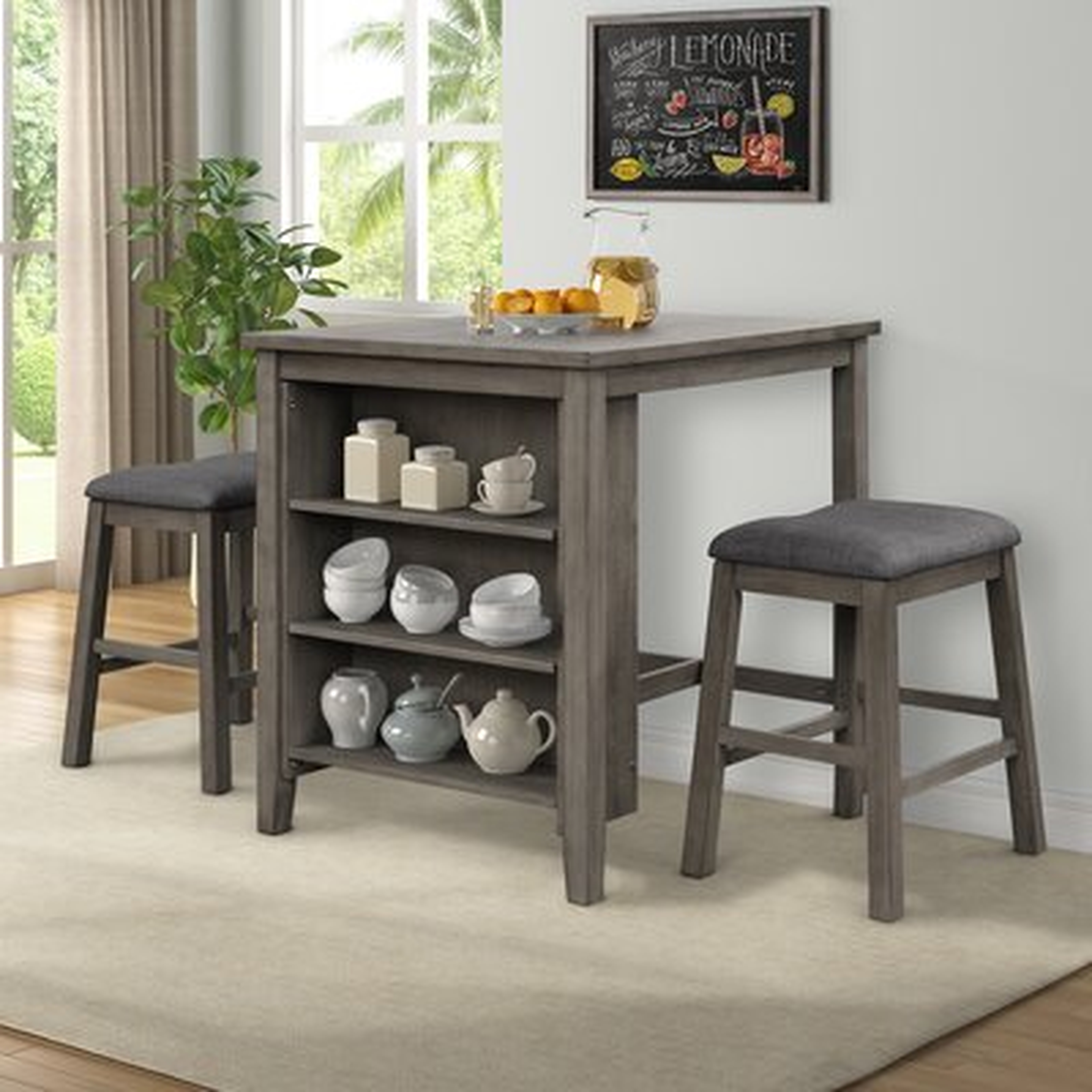 3 Piece Square Dining Table With Padded Stools Table Set With Storage Shelf Dark Gray - Wayfair