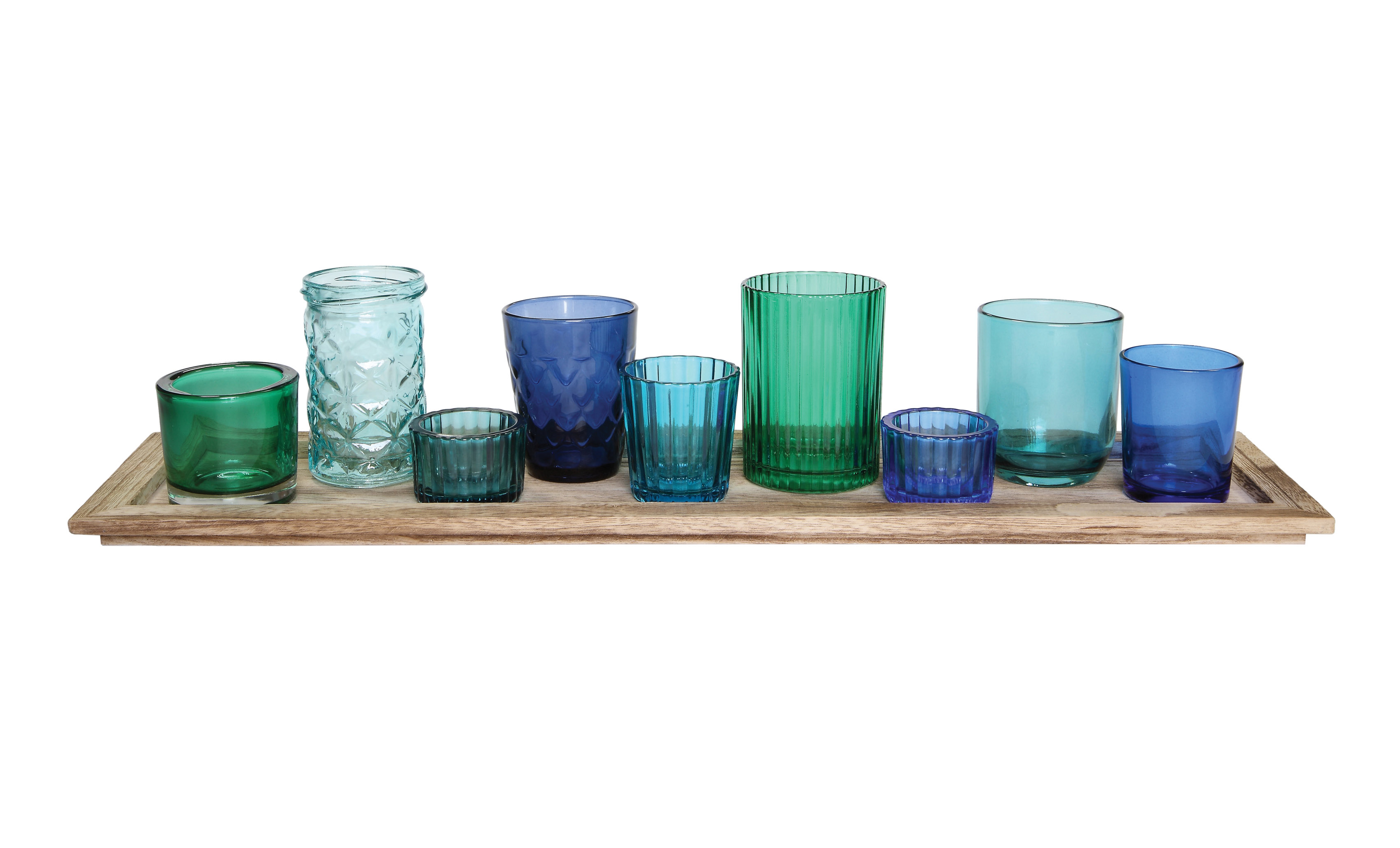 Wood Tray with 9 Blue & Green Glass Votive Holders (Set of 10 Pieces) - Nomad Home