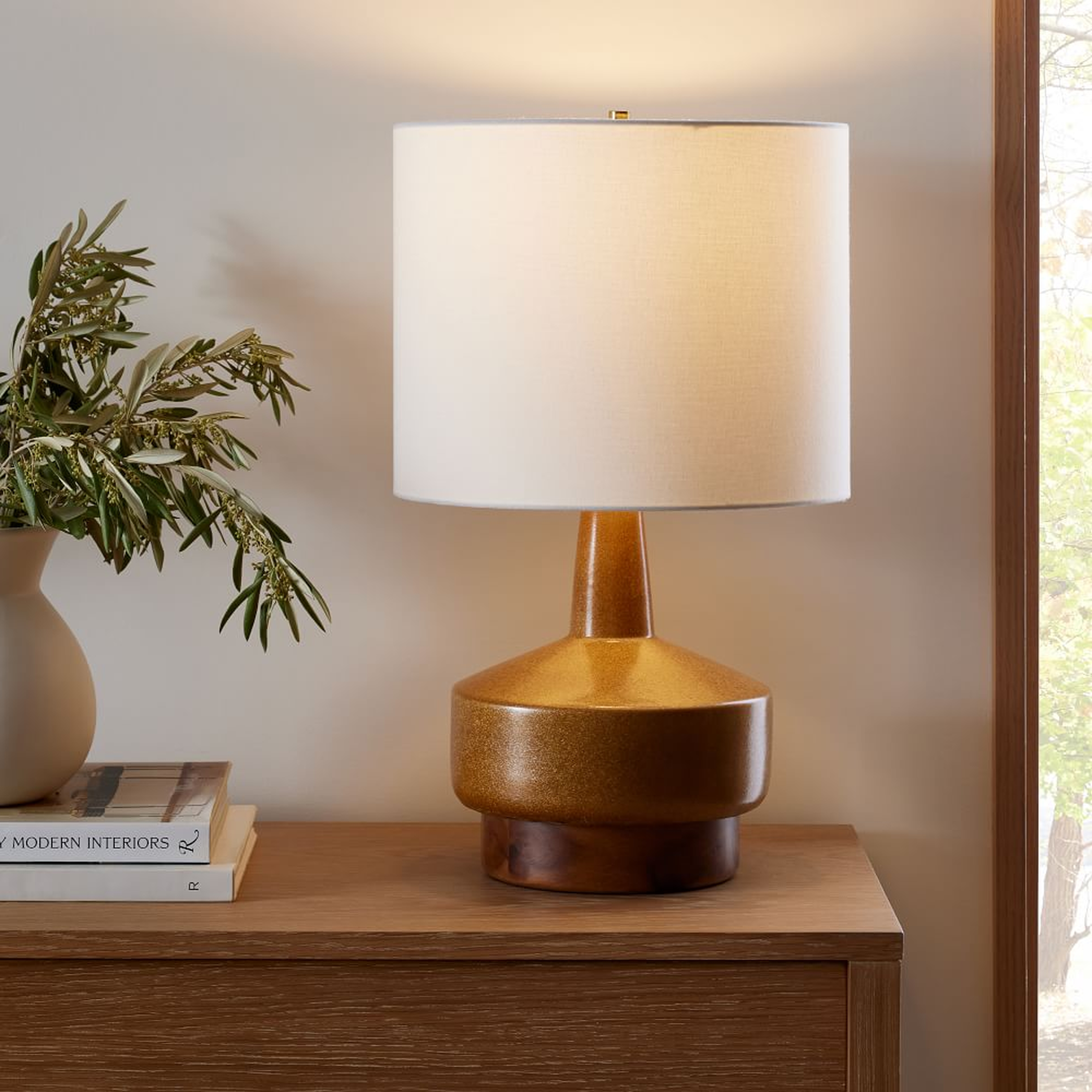 Wood and Ceramic Table Lamp Reactive Rust White Linen (22") - West Elm