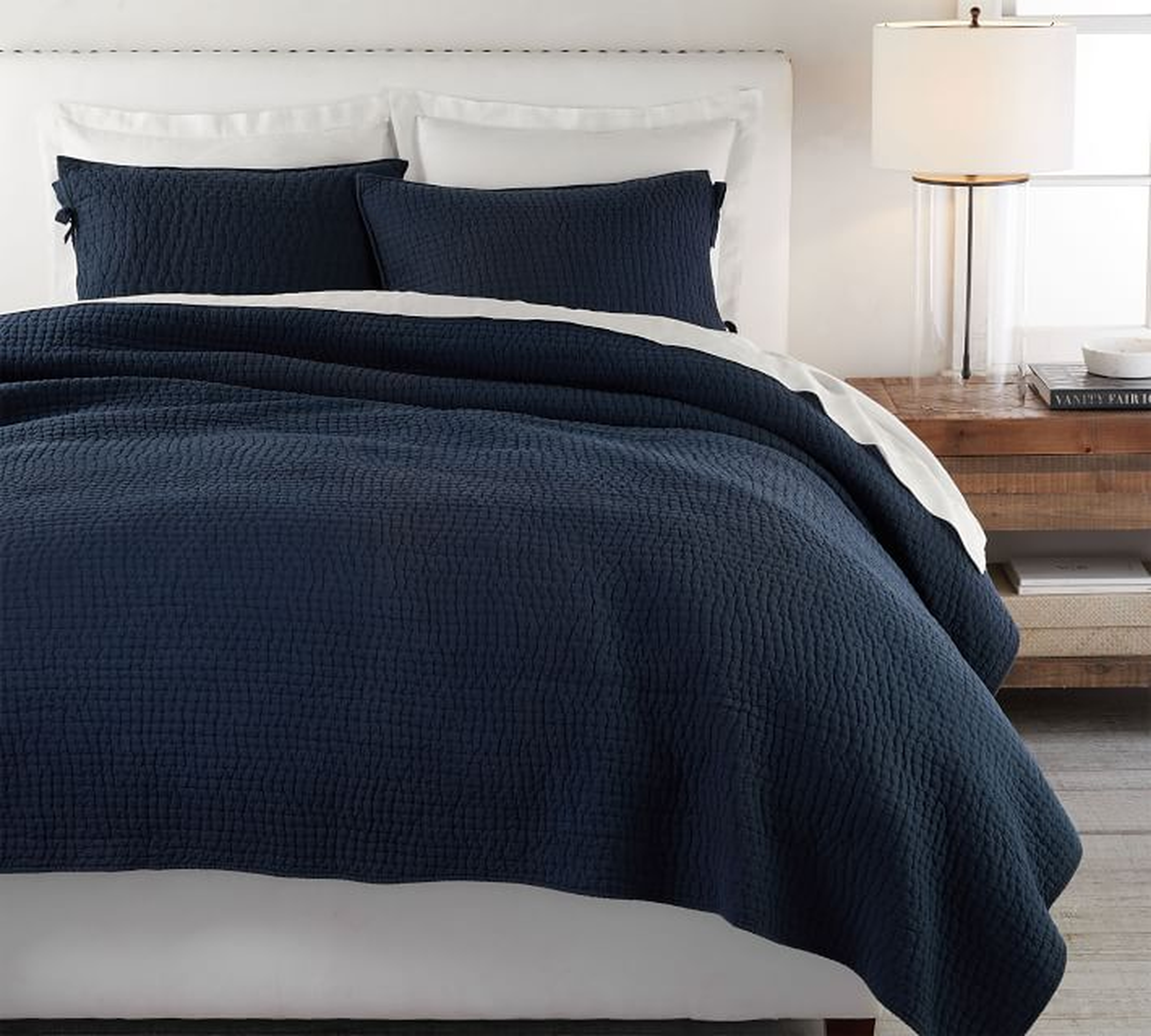 Pick-Stitch Handcrafted Cotton/Linen Quilt, King/Cal. King, Midnight Blue - Pottery Barn