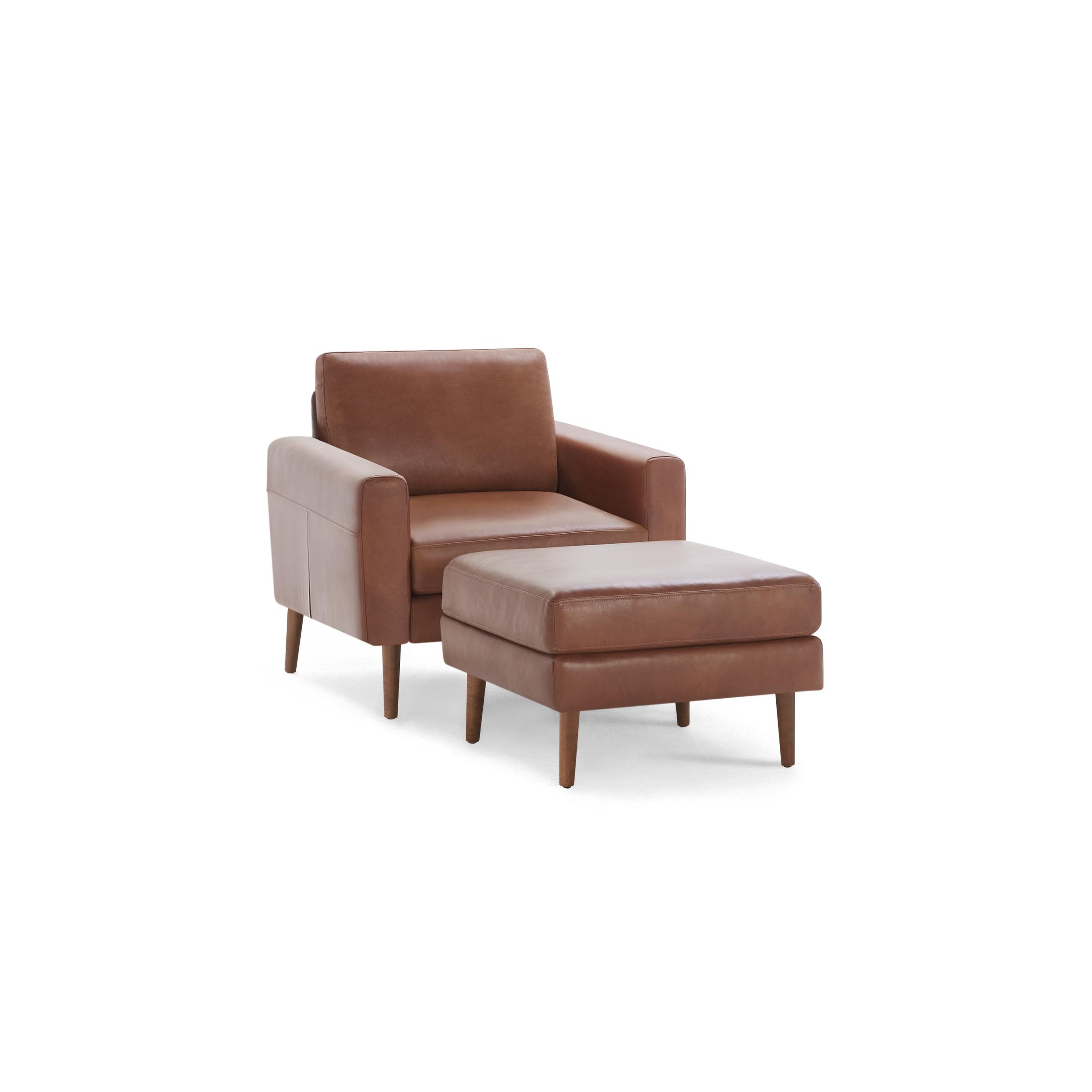 Nomad Leather Club Chair with Ottoman - Chestnut - Top Grain Leather / Walnut - Wood / Block - Burrow